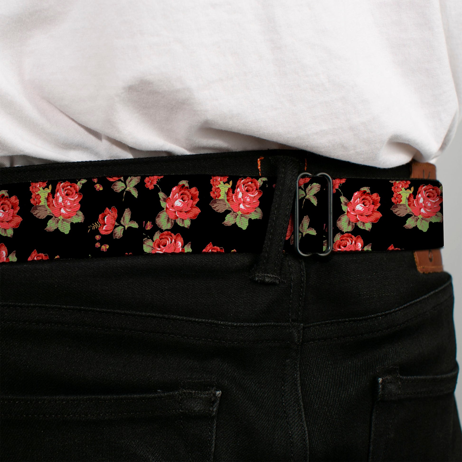 BD Wings Logo CLOSE-UP Full Color Black Silver Seatbelt Belt - Red Roses Scattered Black Webbing Seatbelt Belts Buckle-Down