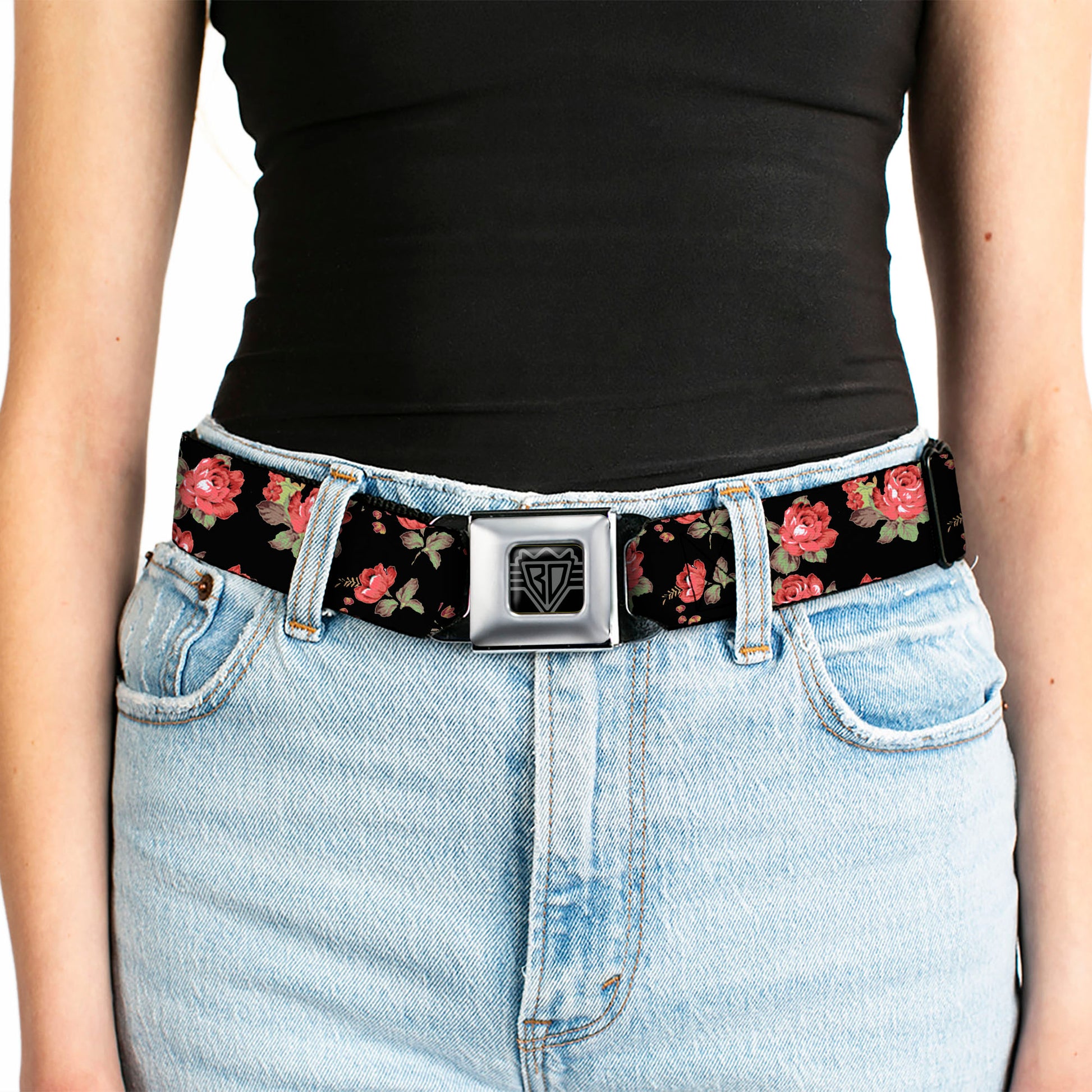 BD Wings Logo CLOSE-UP Full Color Black Silver Seatbelt Belt - Red Roses Scattered Black Webbing Seatbelt Belts Buckle-Down