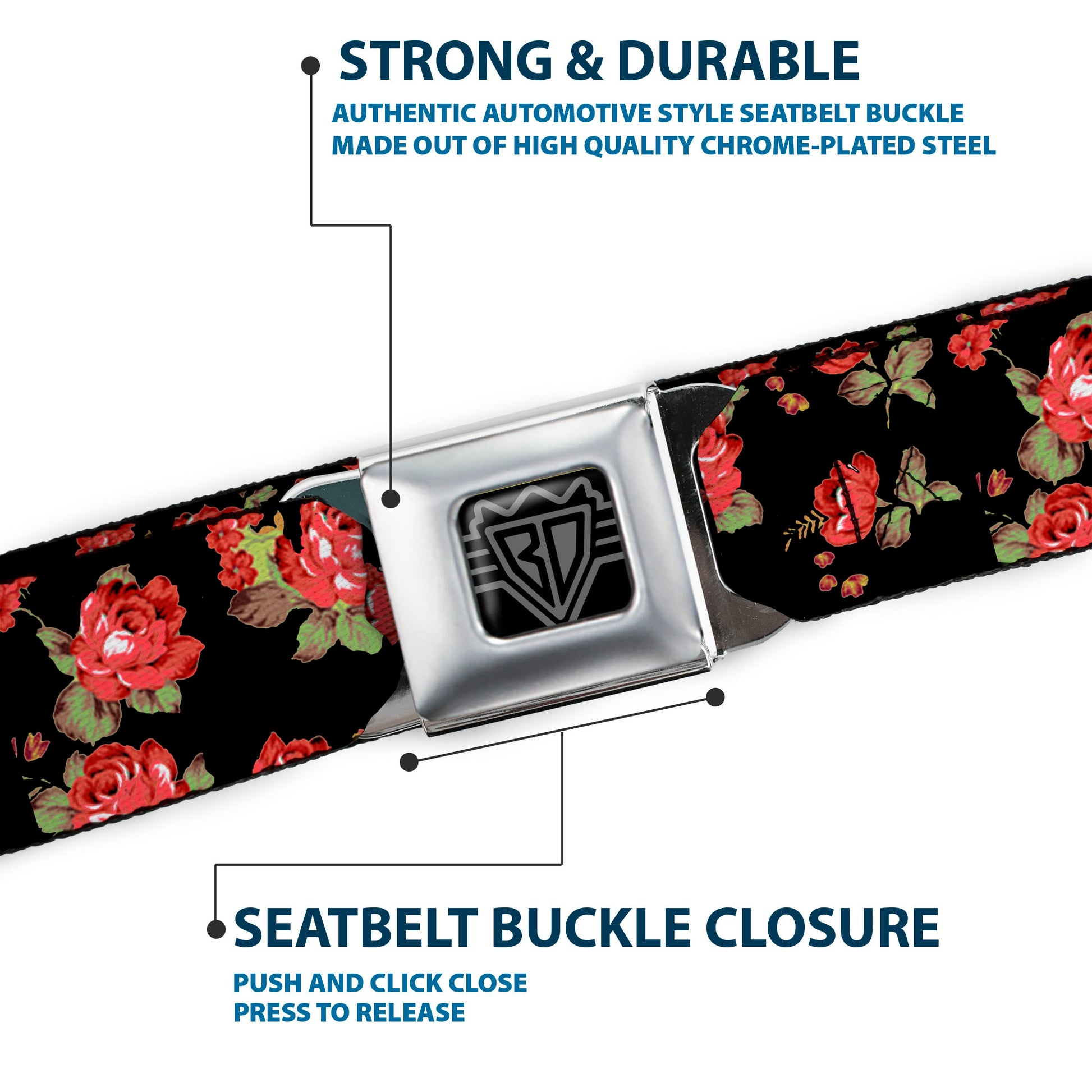 BD Wings Logo CLOSE-UP Full Color Black Silver Seatbelt Belt - Red Roses Scattered Black Webbing Seatbelt Belts Buckle-Down