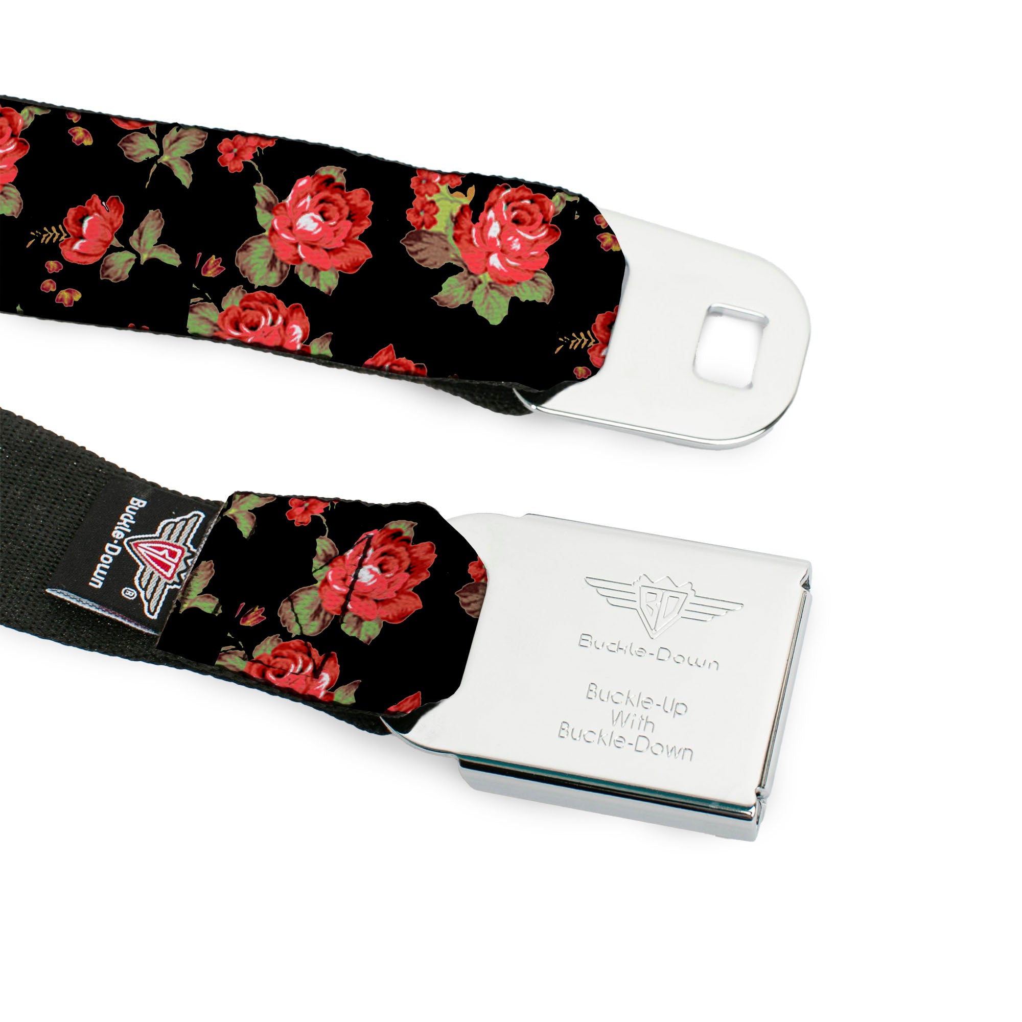 BD Wings Logo CLOSE-UP Full Color Black Silver Seatbelt Belt - Red Roses Scattered Black Webbing Seatbelt Belts Buckle-Down