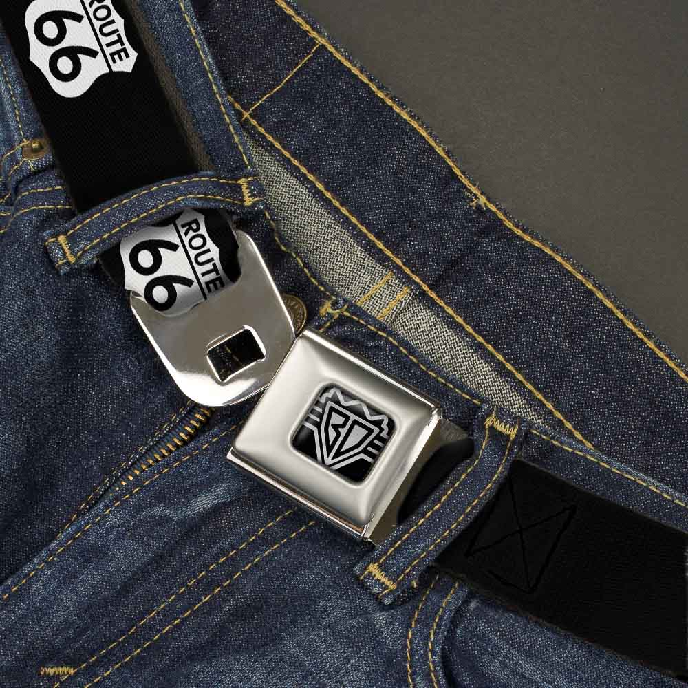 BD Wings Logo CLOSE-UP Full Color Black Silver Seatbelt Belt - ROUTE 66 Highway Sign Repeat Black/White Webbing Seatbelt Belts Buckle-Down