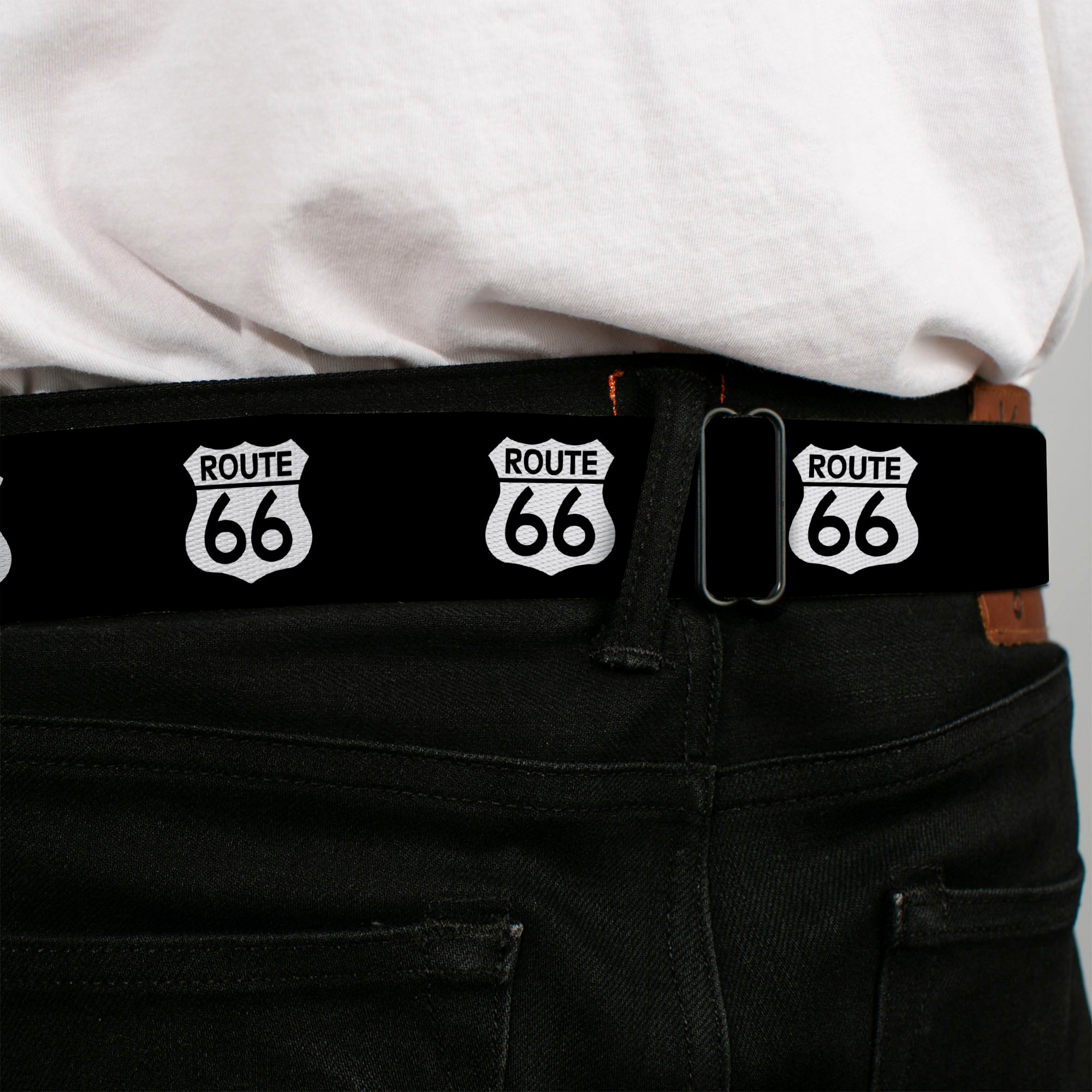 BD Wings Logo CLOSE-UP Full Color Black Silver Seatbelt Belt - ROUTE 66 Highway Sign Repeat Black/White Webbing Seatbelt Belts Buckle-Down