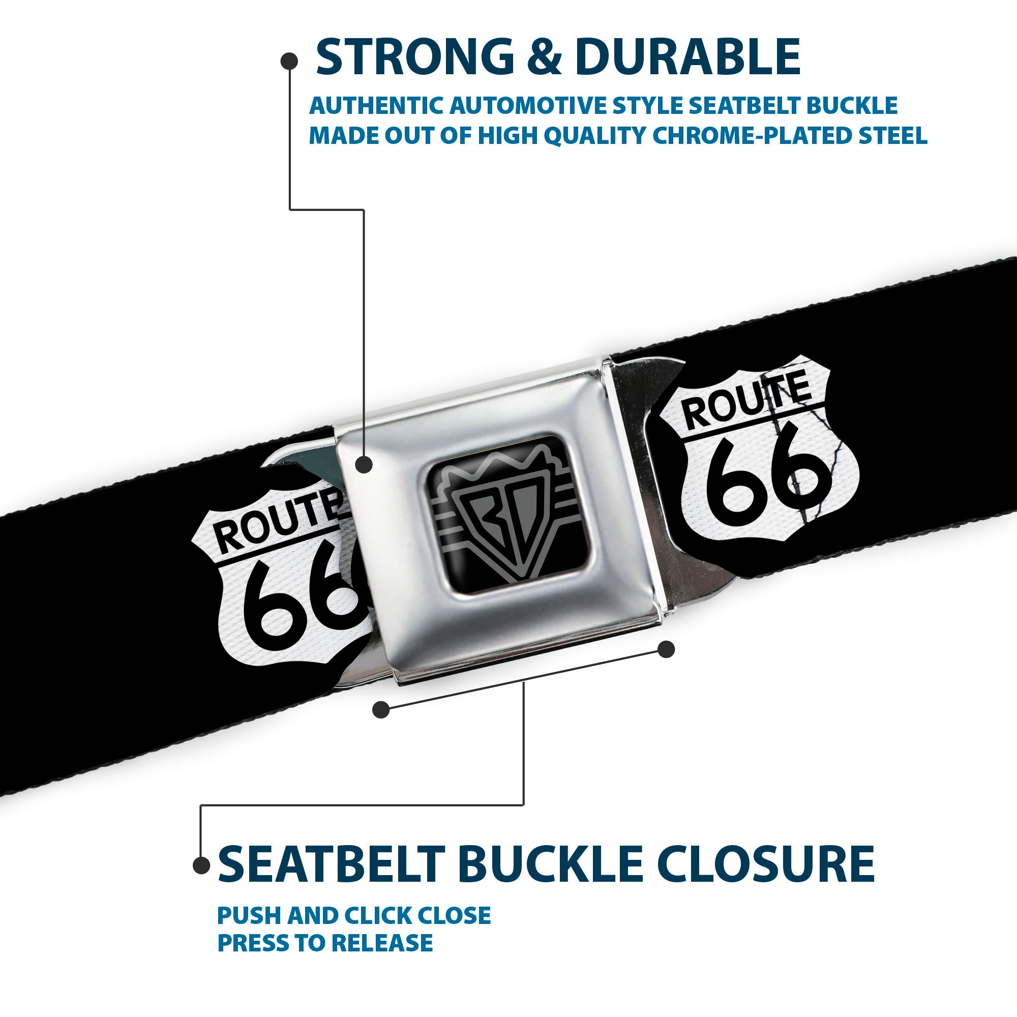 BD Wings Logo CLOSE-UP Full Color Black Silver Seatbelt Belt - ROUTE 66 Highway Sign Repeat Black/White Webbing Seatbelt Belts Buckle-Down