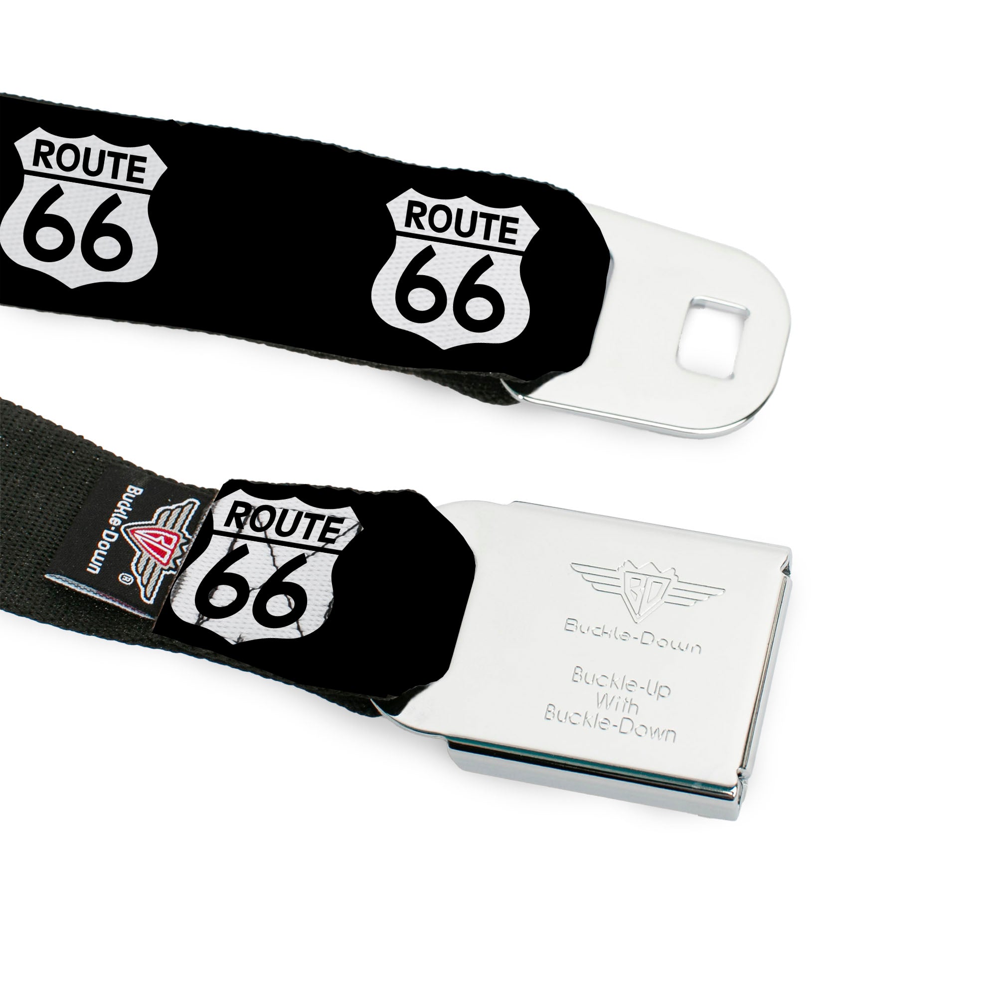 BD Wings Logo CLOSE-UP Full Color Black Silver Seatbelt Belt - ROUTE 66 Highway Sign Repeat Black/White Webbing Seatbelt Belts Buckle-Down
