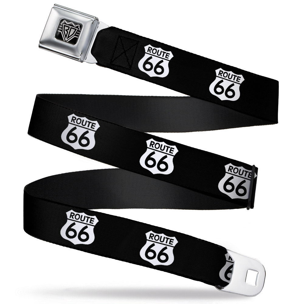 BD Wings Logo CLOSE-UP Full Color Black Silver Seatbelt Belt - ROUTE 66 Highway Sign Repeat Black/White Webbing Seatbelt Belts Buckle-Down