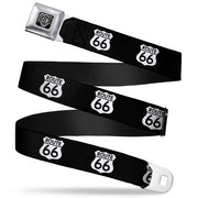 BD Wings Logo CLOSE-UP Full Color Black Silver Seatbelt Belt - ROUTE 66 Highway Sign Repeat Black/White Webbing Seatbelt Belts Buckle-Down