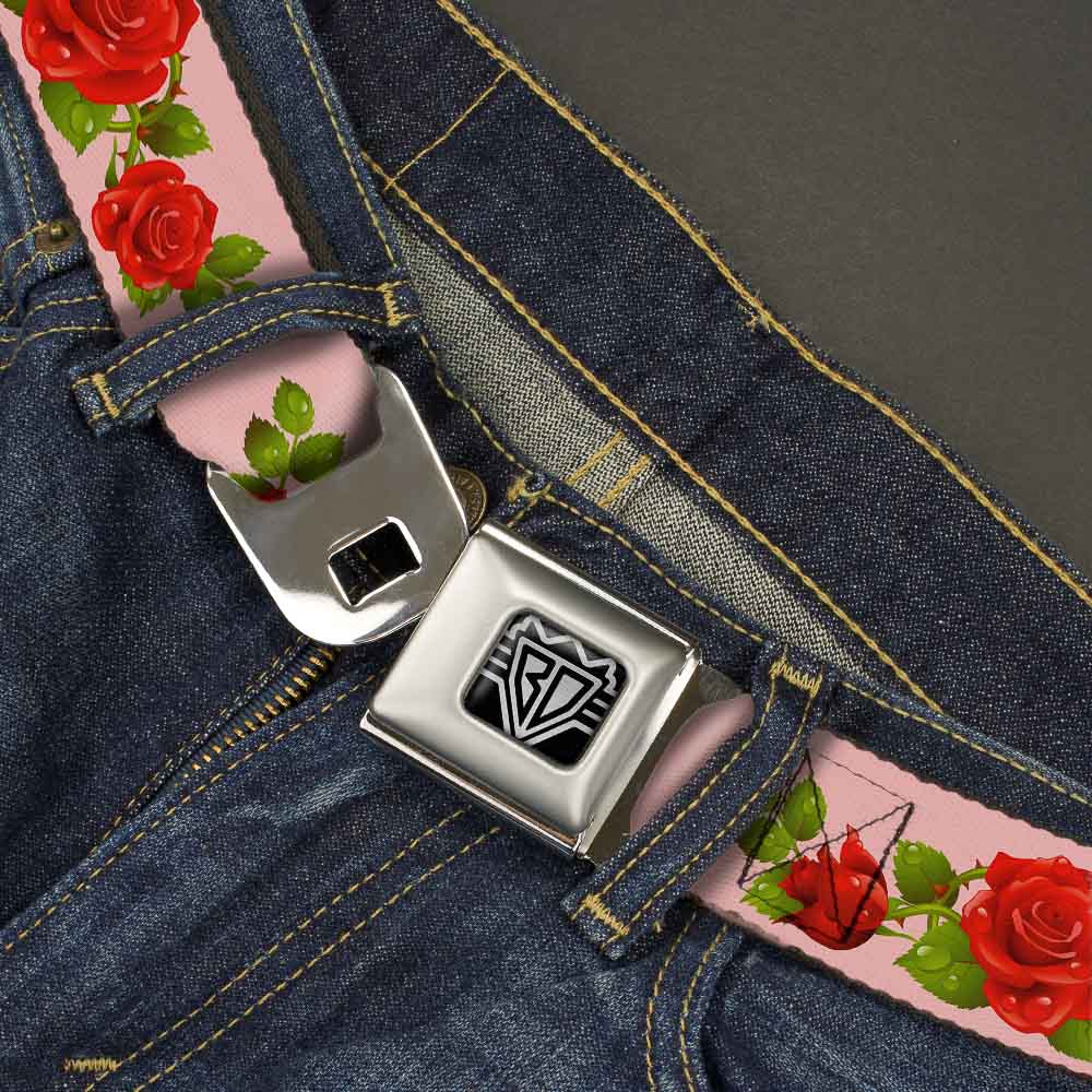 BD Wings Logo CLOSE-UP Full Color Black Silver Seatbelt Belt - Rose Trio/Leaves Pink Webbing Seatbelt Belts Buckle-Down