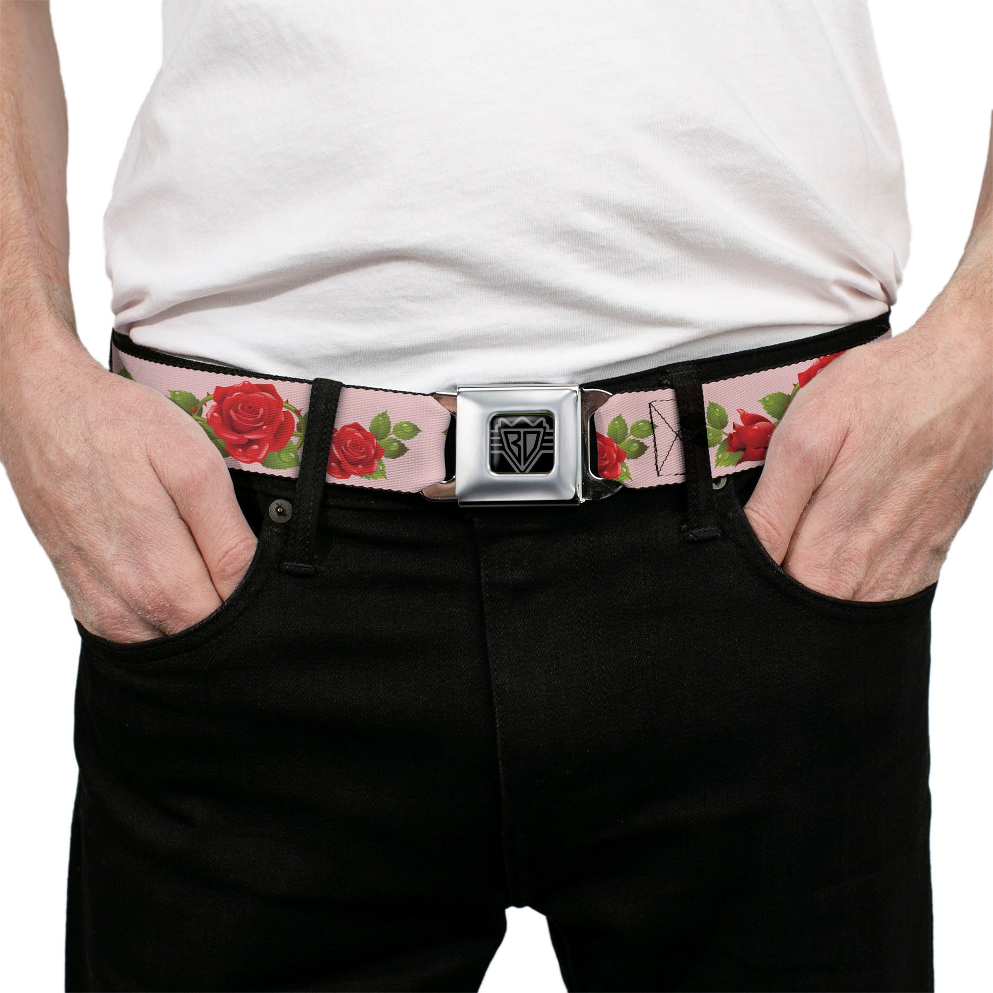 BD Wings Logo CLOSE-UP Full Color Black Silver Seatbelt Belt - Rose Trio/Leaves Pink Webbing Seatbelt Belts Buckle-Down