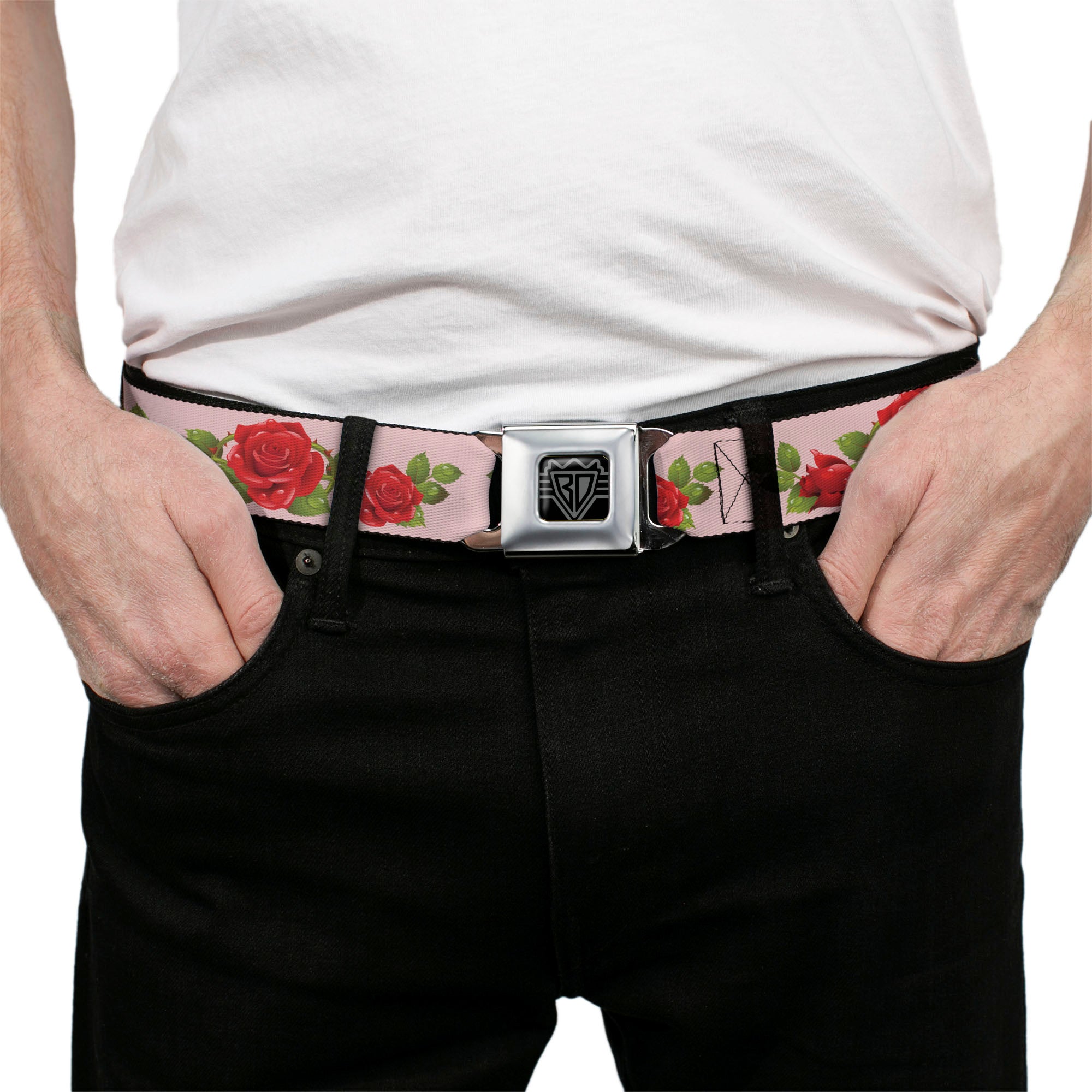 BD Wings Logo CLOSE-UP Full Color Black Silver Seatbelt Belt - Rose Trio/Leaves Pink Webbing Seatbelt Belts Buckle-Down
