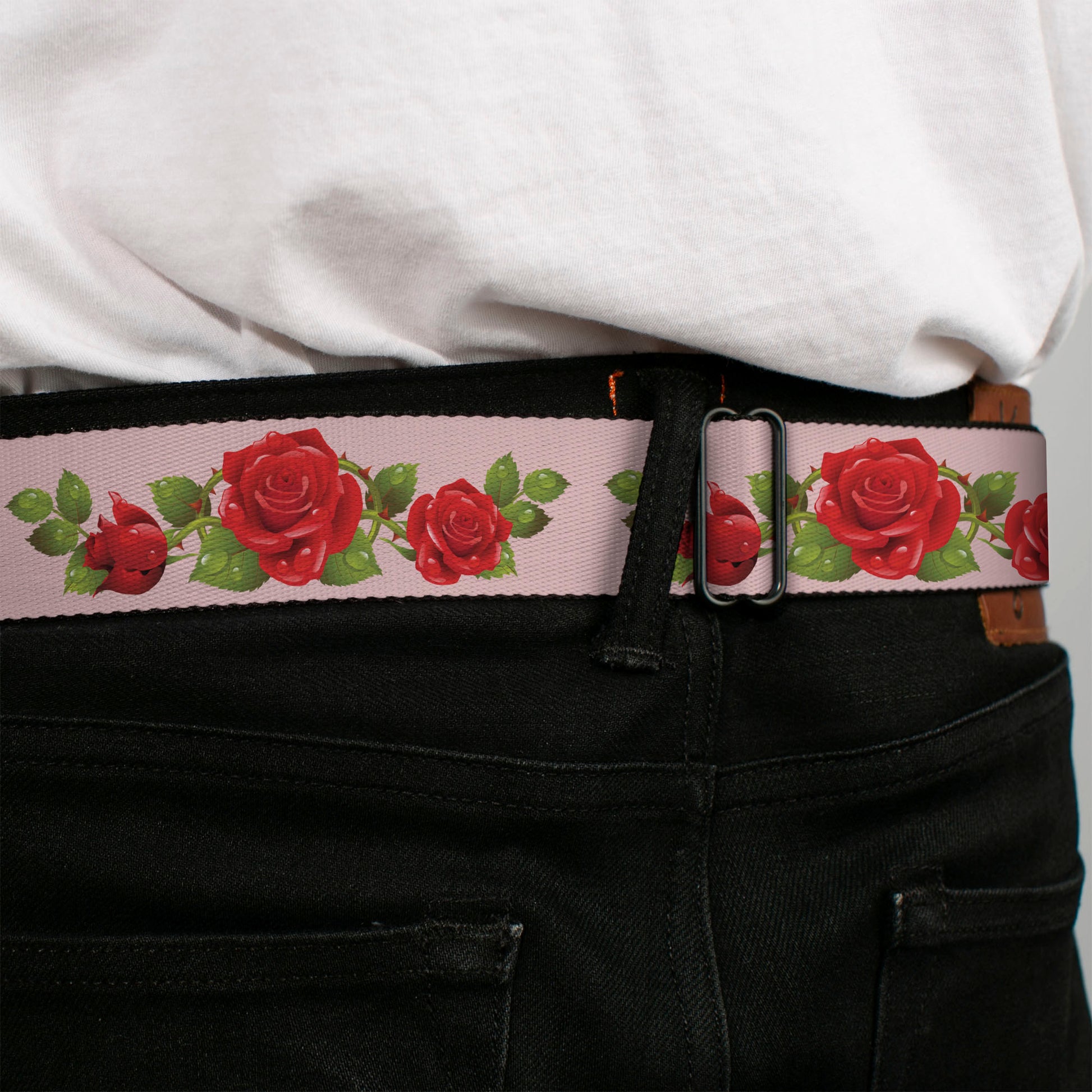 BD Wings Logo CLOSE-UP Full Color Black Silver Seatbelt Belt - Rose Trio/Leaves Pink Webbing Seatbelt Belts Buckle-Down