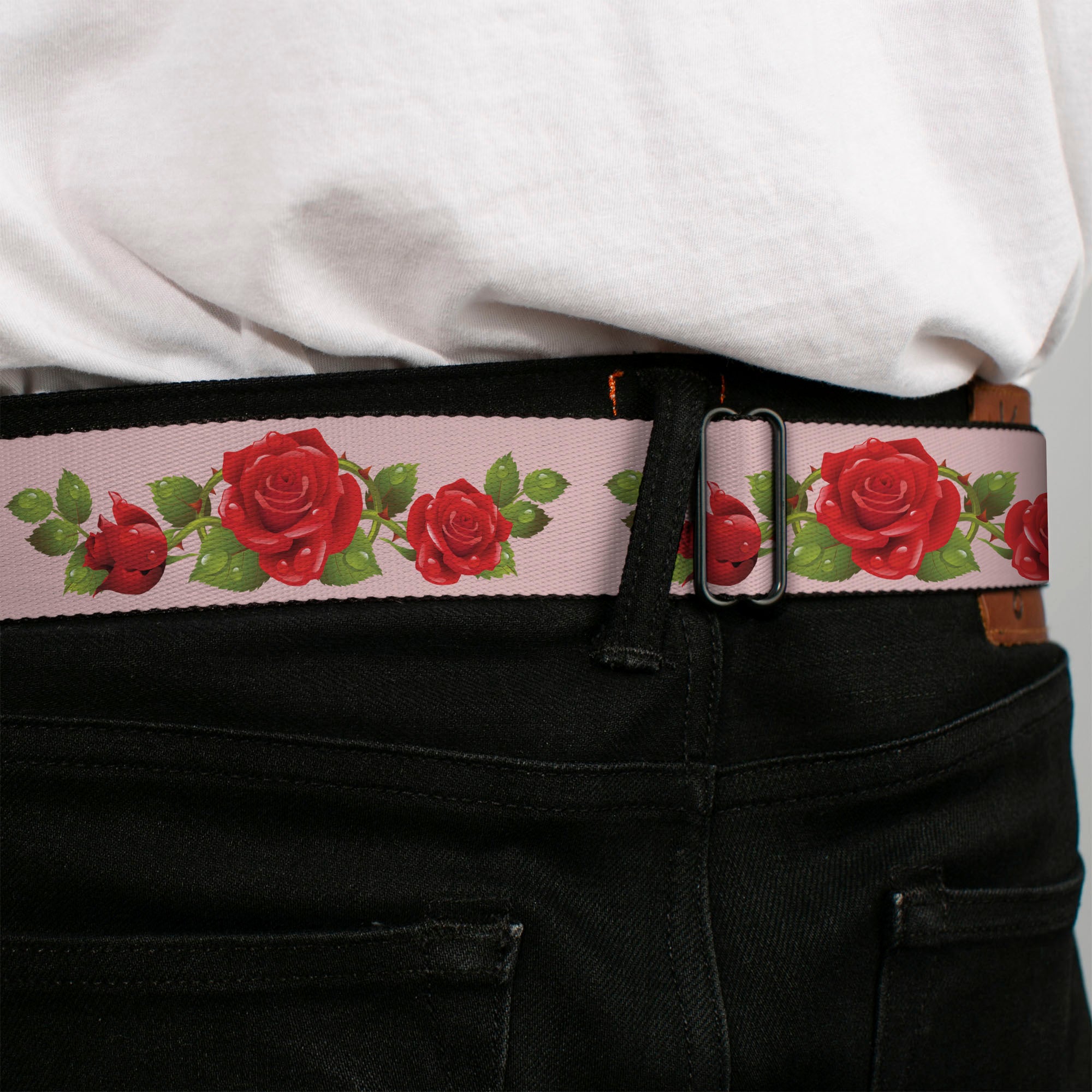 BD Wings Logo CLOSE-UP Full Color Black Silver Seatbelt Belt - Rose Trio/Leaves Pink Webbing Seatbelt Belts Buckle-Down