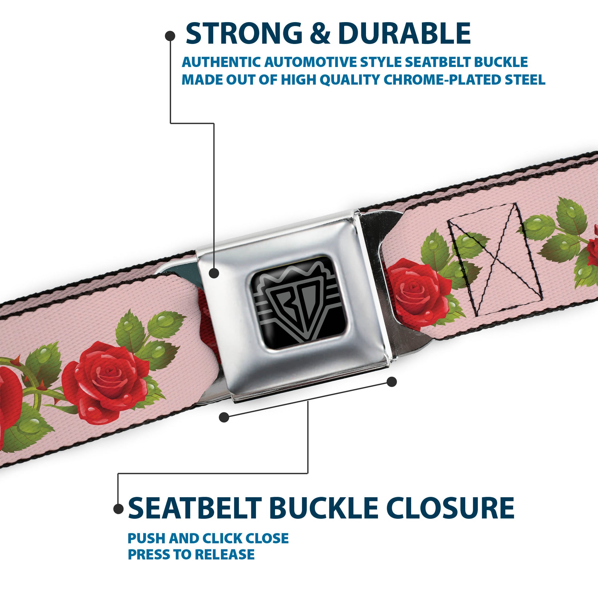 BD Wings Logo CLOSE-UP Full Color Black Silver Seatbelt Belt - Rose Trio/Leaves Pink Webbing Seatbelt Belts Buckle-Down