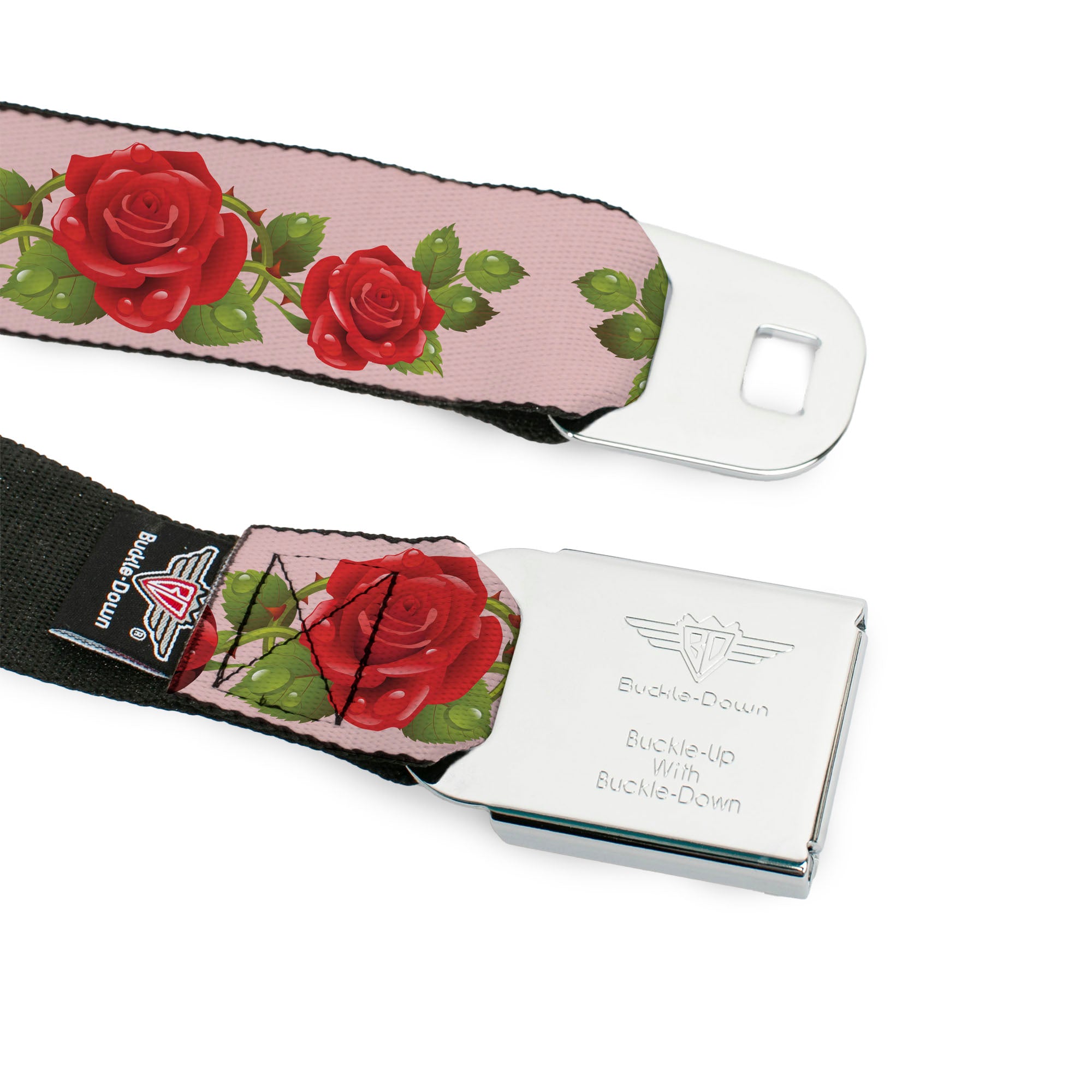 BD Wings Logo CLOSE-UP Full Color Black Silver Seatbelt Belt - Rose Trio/Leaves Pink Webbing Seatbelt Belts Buckle-Down