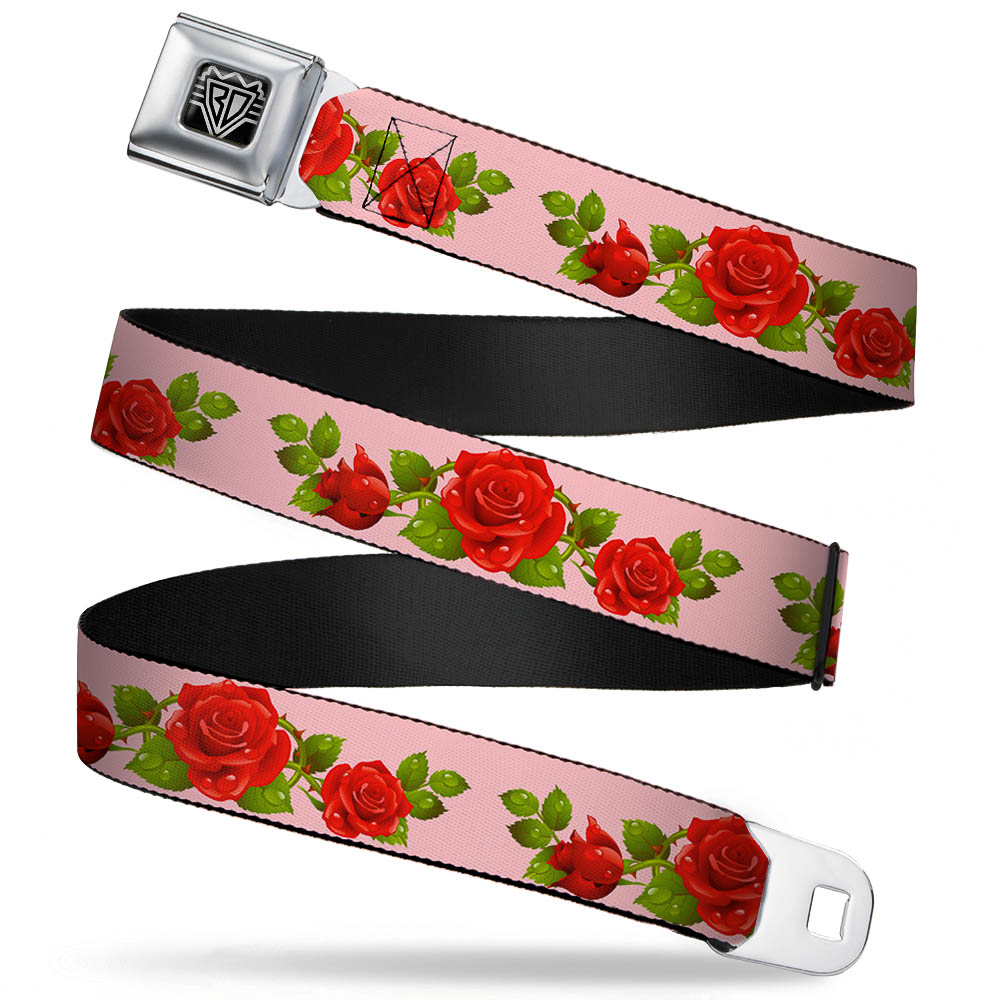 BD Wings Logo CLOSE-UP Full Color Black Silver Seatbelt Belt - Rose Trio/Leaves Pink Webbing Seatbelt Belts Buckle-Down