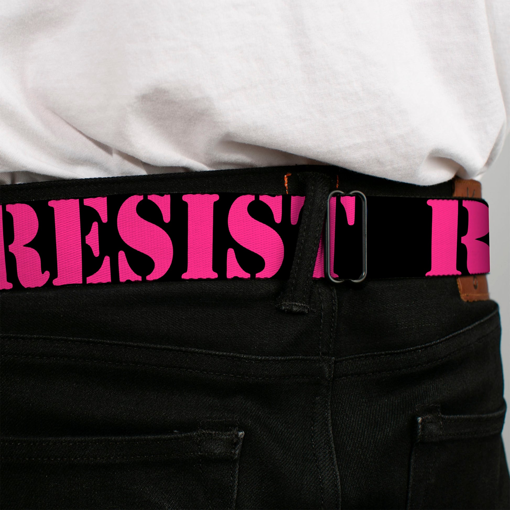 BD Wings Logo CLOSE-UP Full Color Black Silver Seatbelt Belt - RESIST Stencil Black/Pink Webbing Seatbelt Belts Buckle-Down