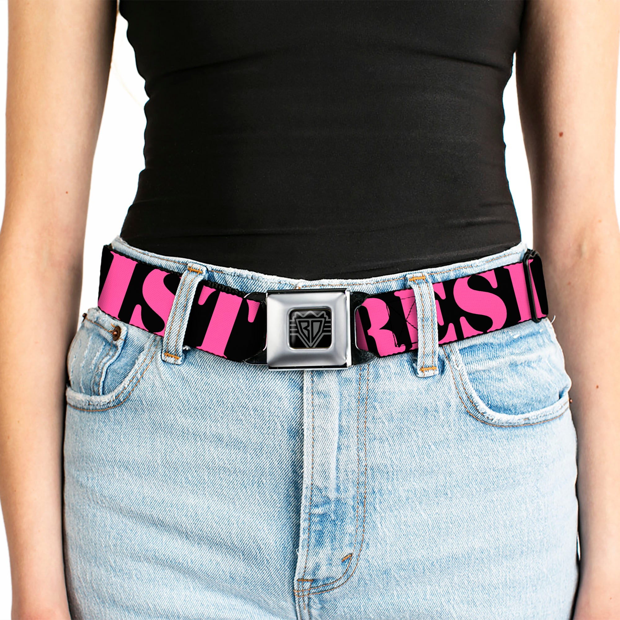 BD Wings Logo CLOSE-UP Full Color Black Silver Seatbelt Belt - RESIST Stencil Black/Pink Webbing Seatbelt Belts Buckle-Down