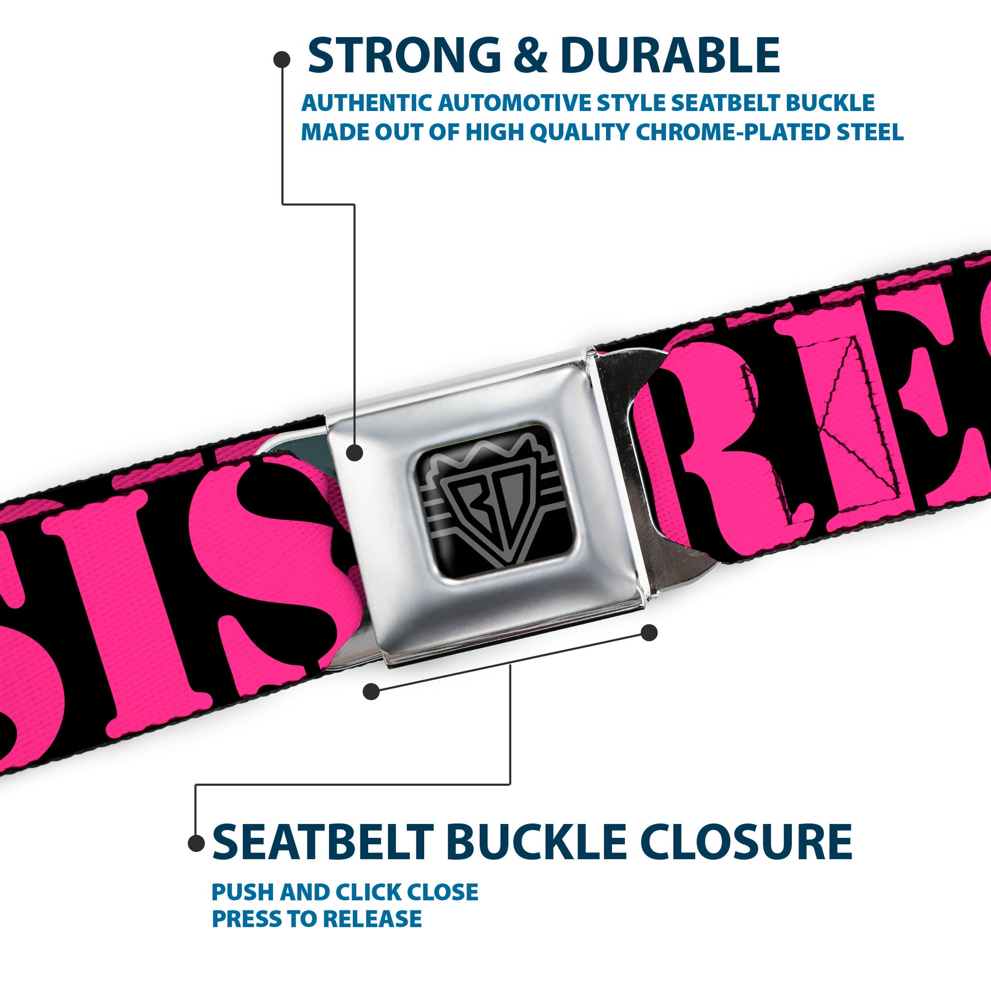 BD Wings Logo CLOSE-UP Full Color Black Silver Seatbelt Belt - RESIST Stencil Black/Pink Webbing Seatbelt Belts Buckle-Down