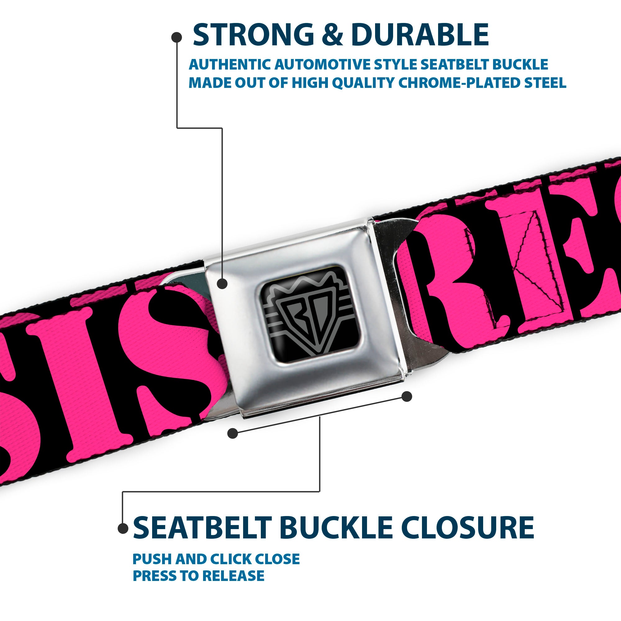 BD Wings Logo CLOSE-UP Full Color Black Silver Seatbelt Belt - RESIST Stencil Black/Pink Webbing Seatbelt Belts Buckle-Down