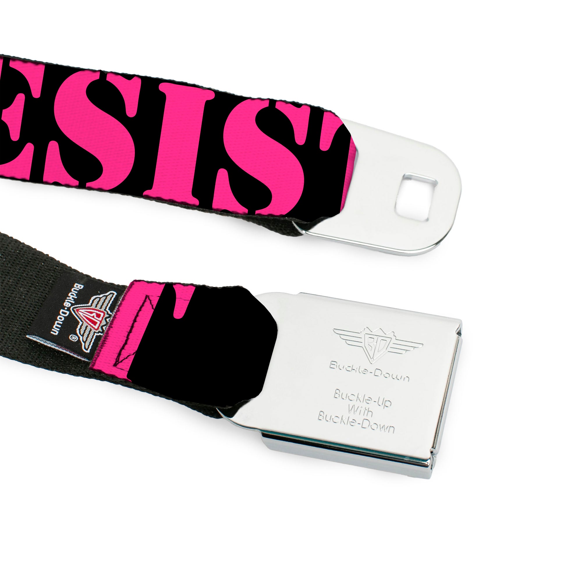 BD Wings Logo CLOSE-UP Full Color Black Silver Seatbelt Belt - RESIST Stencil Black/Pink Webbing Seatbelt Belts Buckle-Down