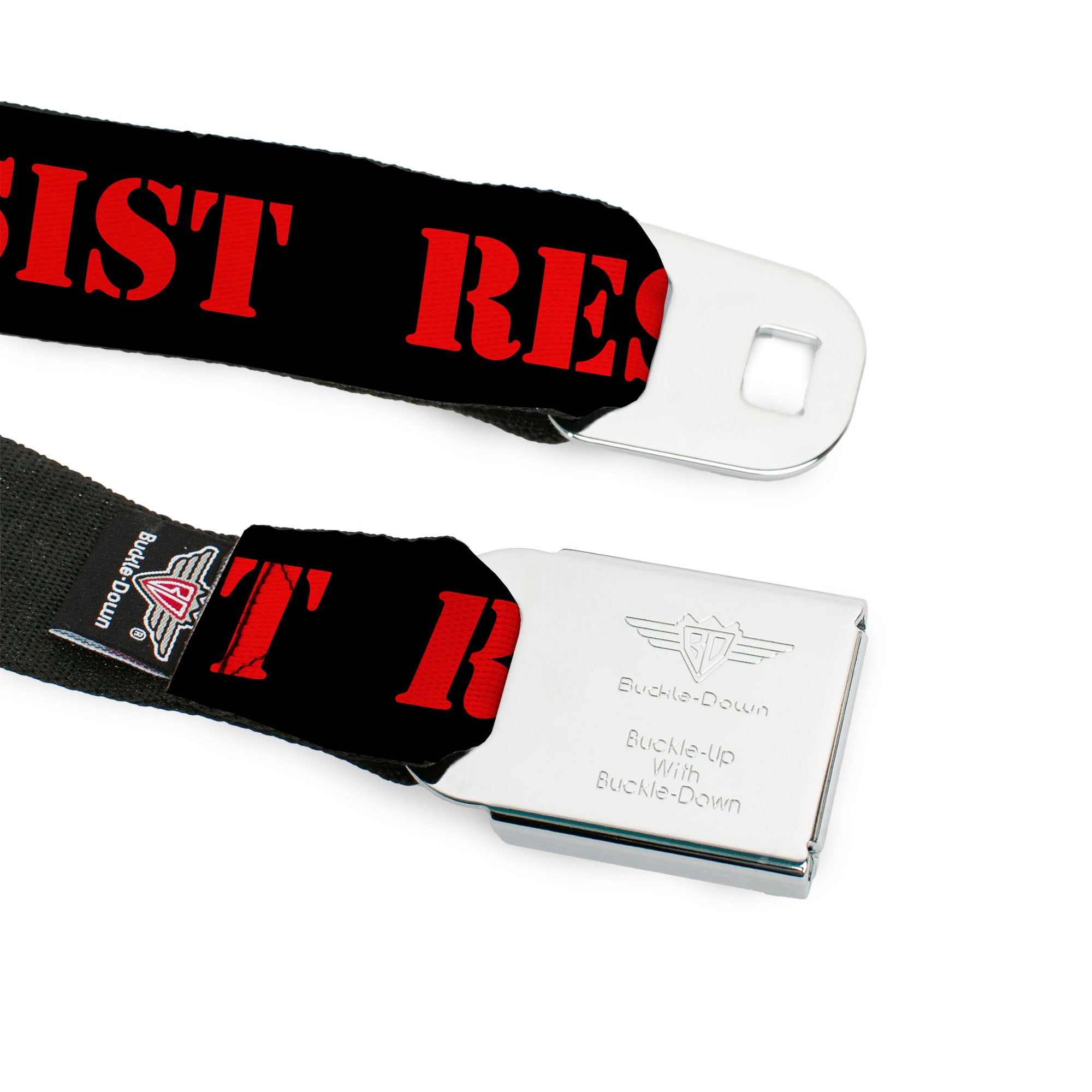 BD Wings Logo CLOSE-UP Full Color Black Silver Seatbelt Belt - RESIST Stencil Black/Red Webbing Seatbelt Belts Buckle-Down