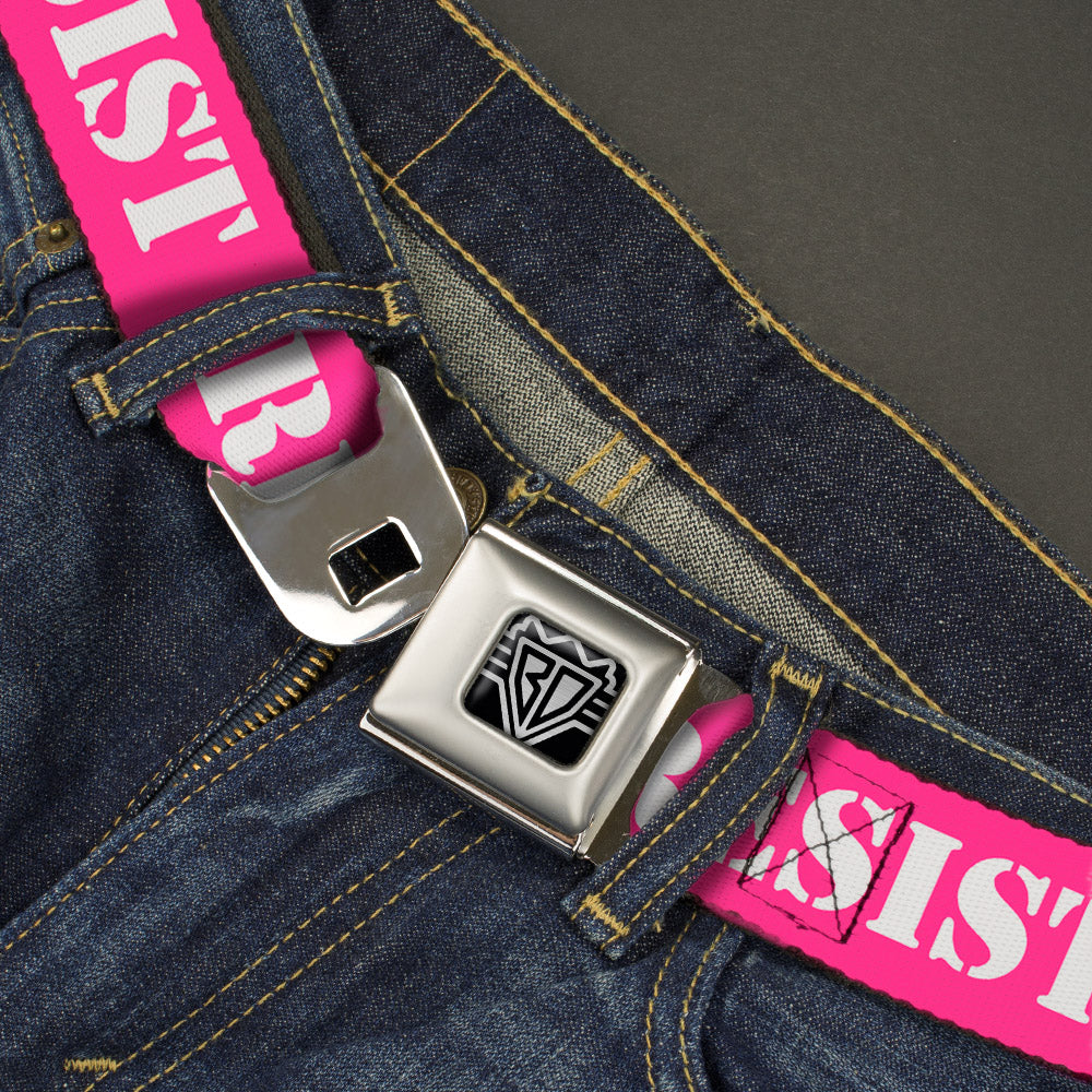 BD Wings Logo CLOSE-UP Full Color Black Silver Seatbelt Belt - RESIST Stencil Pink/White Webbing Seatbelt Belts Buckle-Down