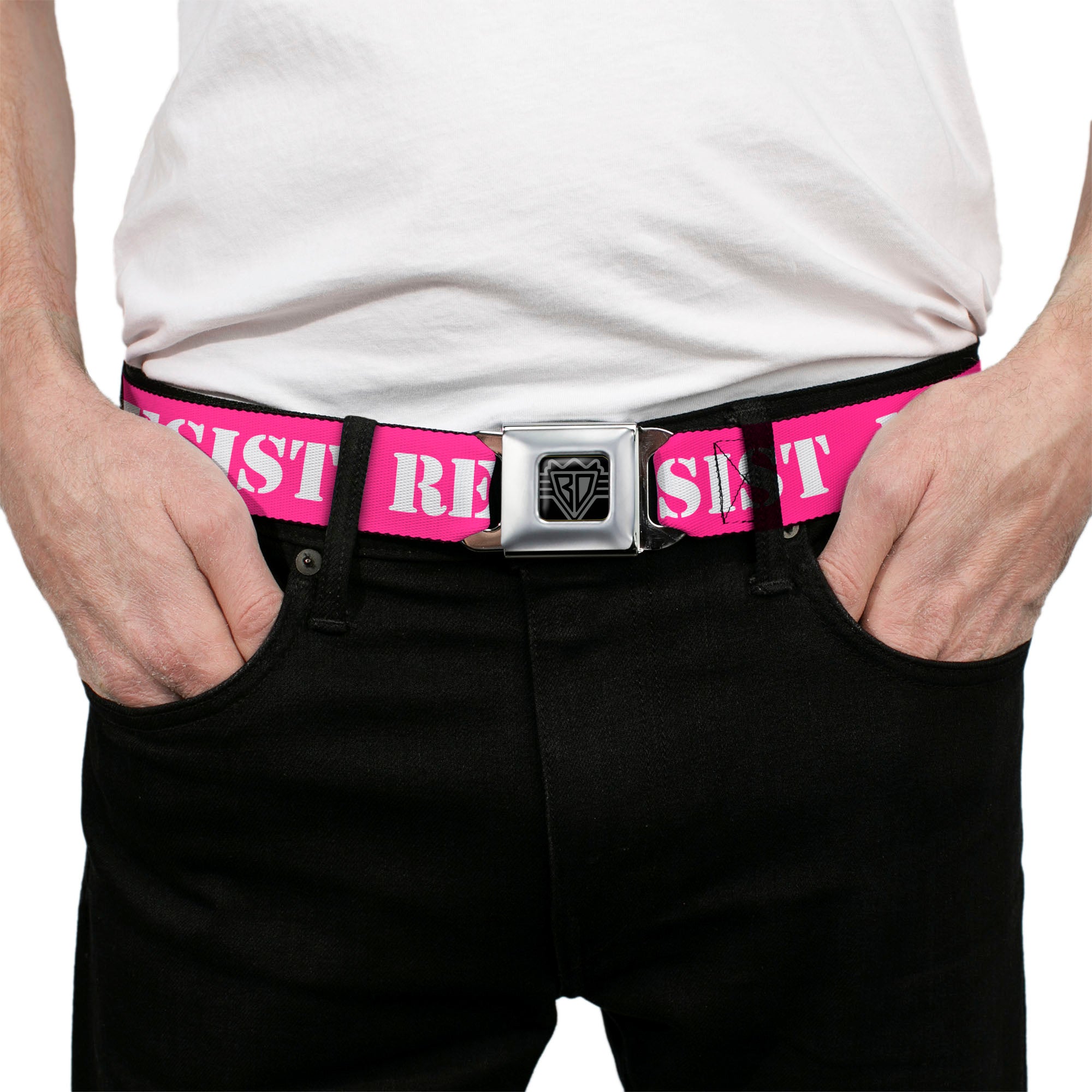 BD Wings Logo CLOSE-UP Full Color Black Silver Seatbelt Belt - RESIST Stencil Pink/White Webbing Seatbelt Belts Buckle-Down