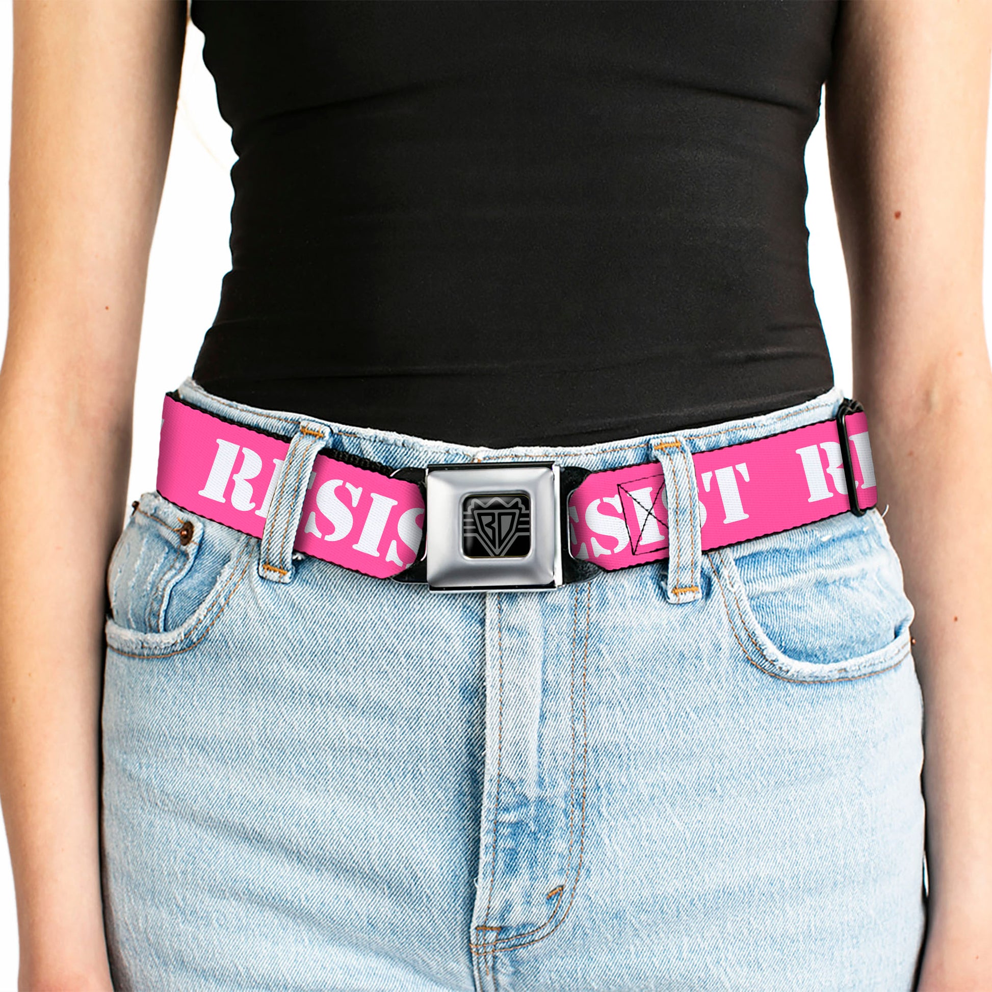 BD Wings Logo CLOSE-UP Full Color Black Silver Seatbelt Belt - RESIST Stencil Pink/White Webbing Seatbelt Belts Buckle-Down