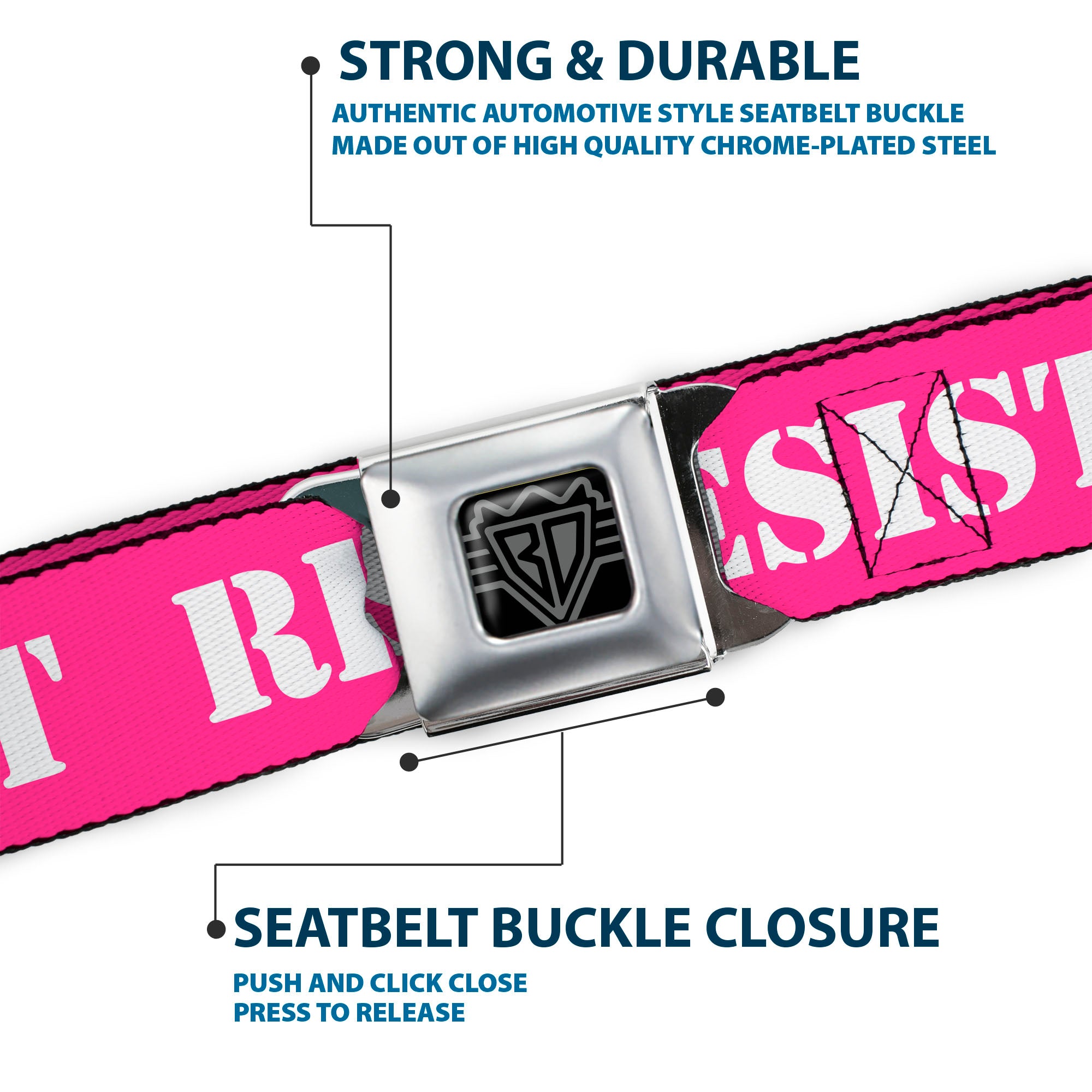 BD Wings Logo CLOSE-UP Full Color Black Silver Seatbelt Belt - RESIST Stencil Pink/White Webbing Seatbelt Belts Buckle-Down