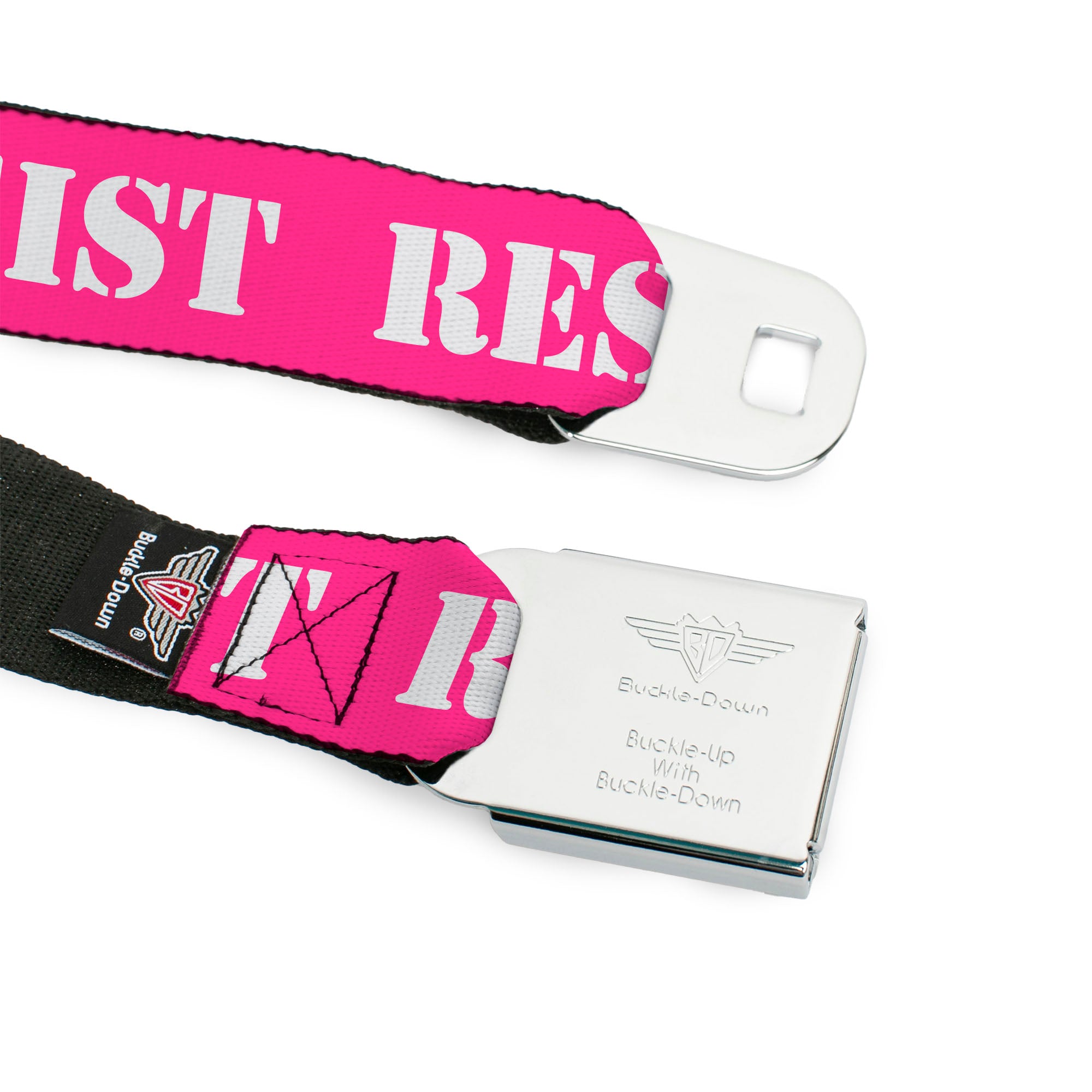 BD Wings Logo CLOSE-UP Full Color Black Silver Seatbelt Belt - RESIST Stencil Pink/White Webbing Seatbelt Belts Buckle-Down