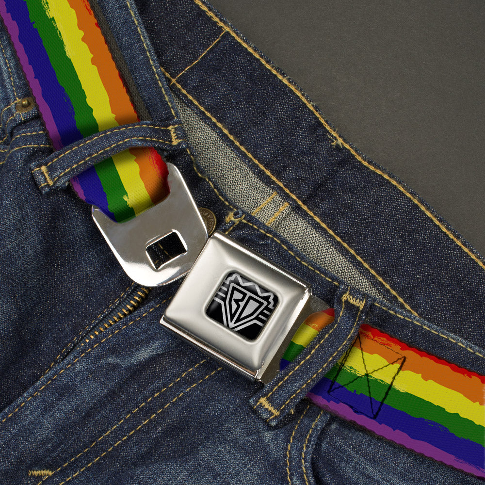BD Wings Logo CLOSE-UP Full Color Black Silver Seatbelt Belt - Rainbow Stripe Painted Webbing Seatbelt Belts Buckle-Down