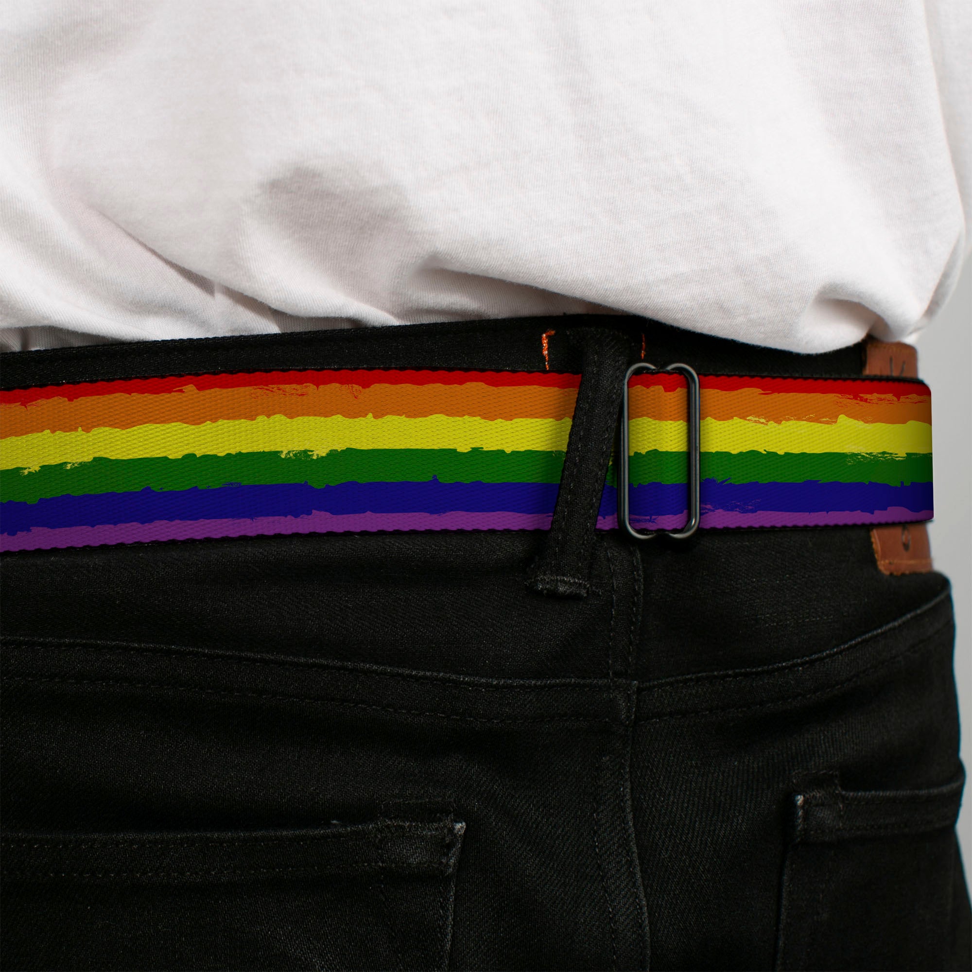 BD Wings Logo CLOSE-UP Full Color Black Silver Seatbelt Belt - Rainbow Stripe Painted Webbing Seatbelt Belts Buckle-Down