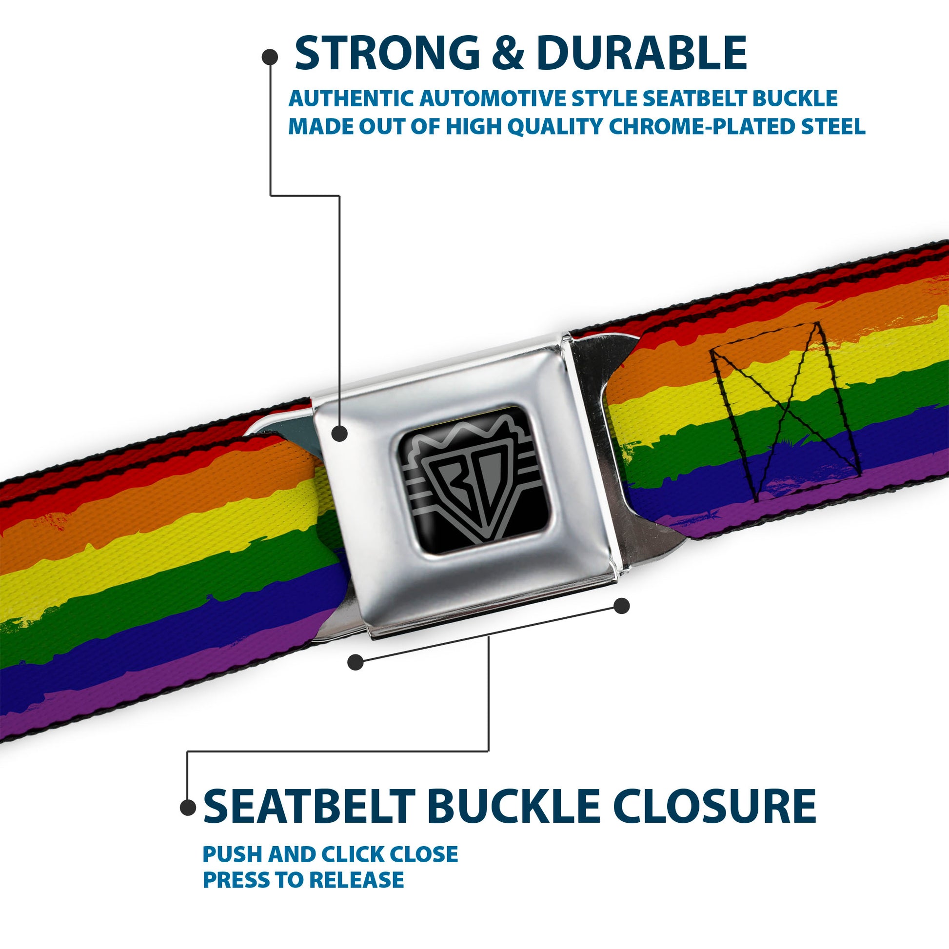 BD Wings Logo CLOSE-UP Full Color Black Silver Seatbelt Belt - Rainbow Stripe Painted Webbing Seatbelt Belts Buckle-Down