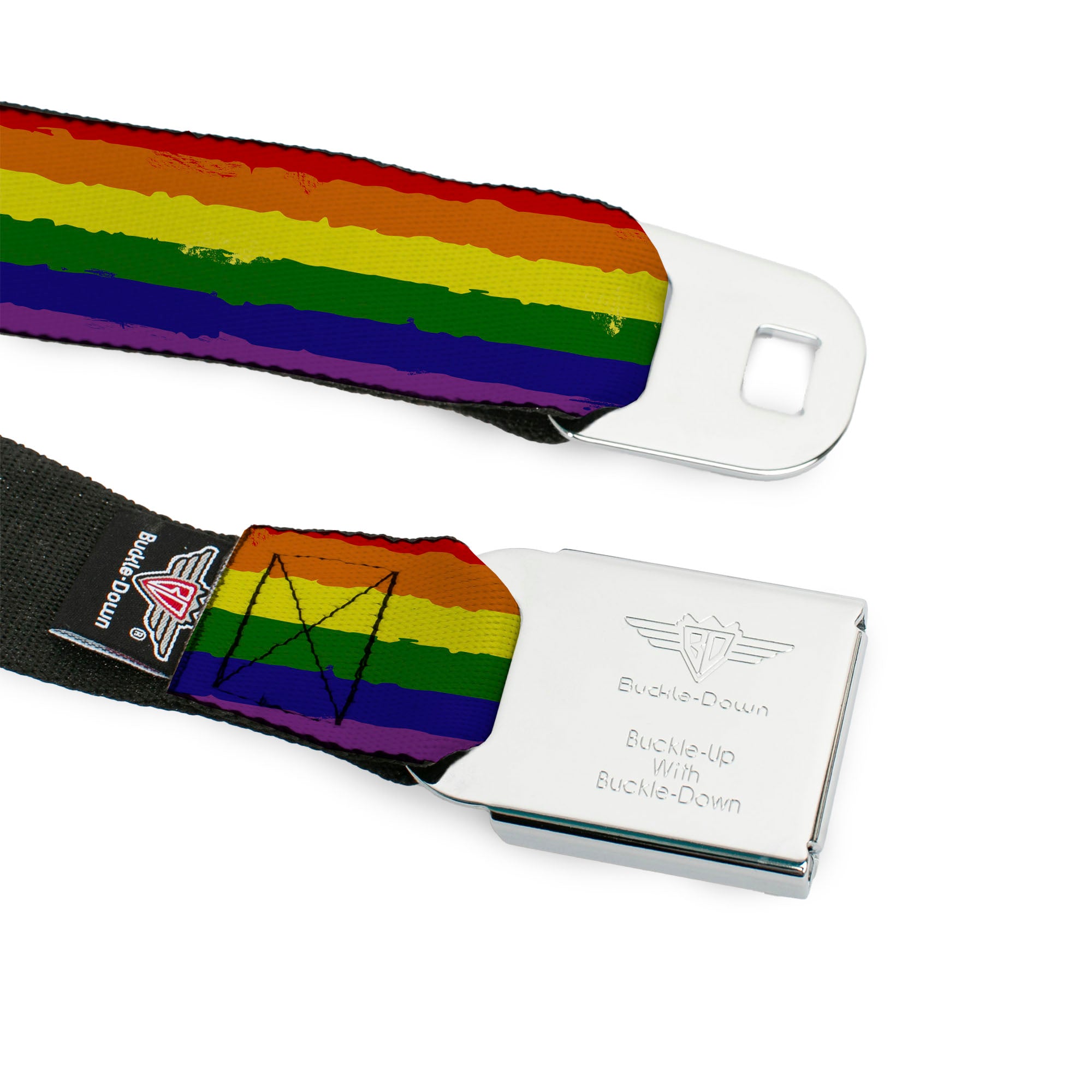 BD Wings Logo CLOSE-UP Full Color Black Silver Seatbelt Belt - Rainbow Stripe Painted Webbing Seatbelt Belts Buckle-Down