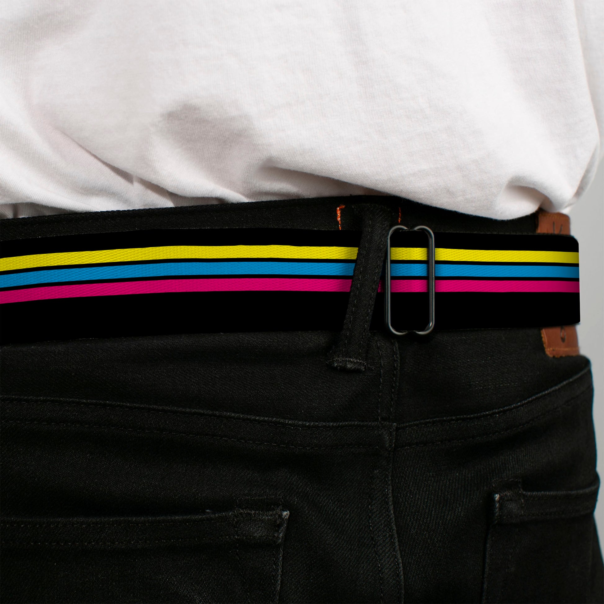 BD Wings Logo CLOSE-UP Full Color Black Silver Seatbelt Belt - Racing Stripes Black/Yellow/Blue/Pink Webbing Seatbelt Belts Buckle-Down