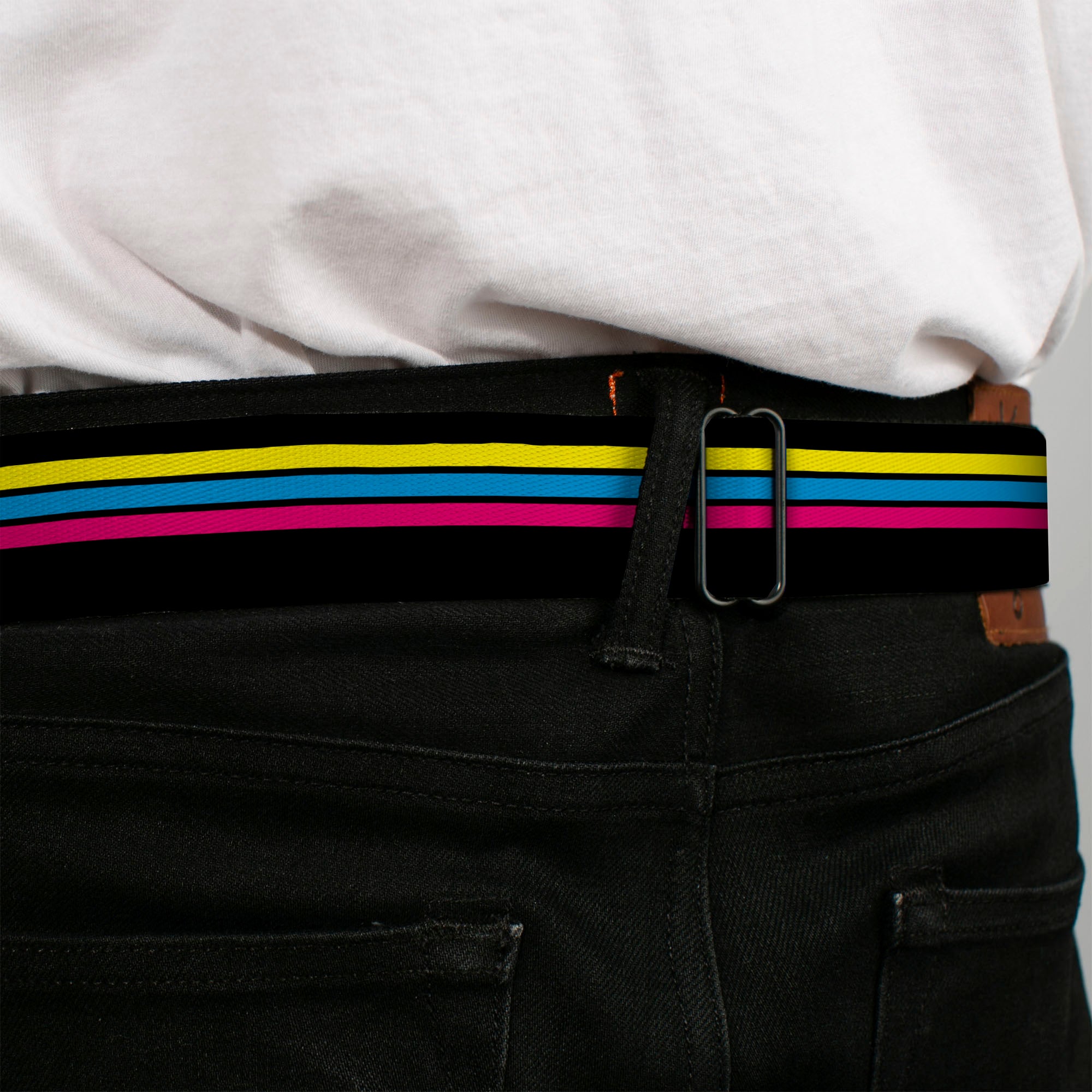 BD Wings Logo CLOSE-UP Full Color Black Silver Seatbelt Belt - Racing Stripes Black/Yellow/Blue/Pink Webbing Seatbelt Belts Buckle-Down