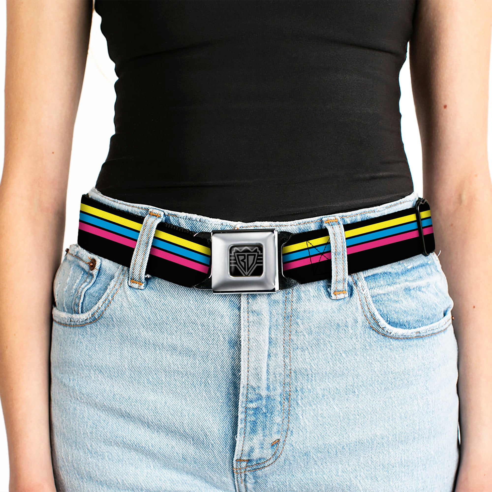 BD Wings Logo CLOSE-UP Full Color Black Silver Seatbelt Belt - Racing Stripes Black/Yellow/Blue/Pink Webbing Seatbelt Belts Buckle-Down