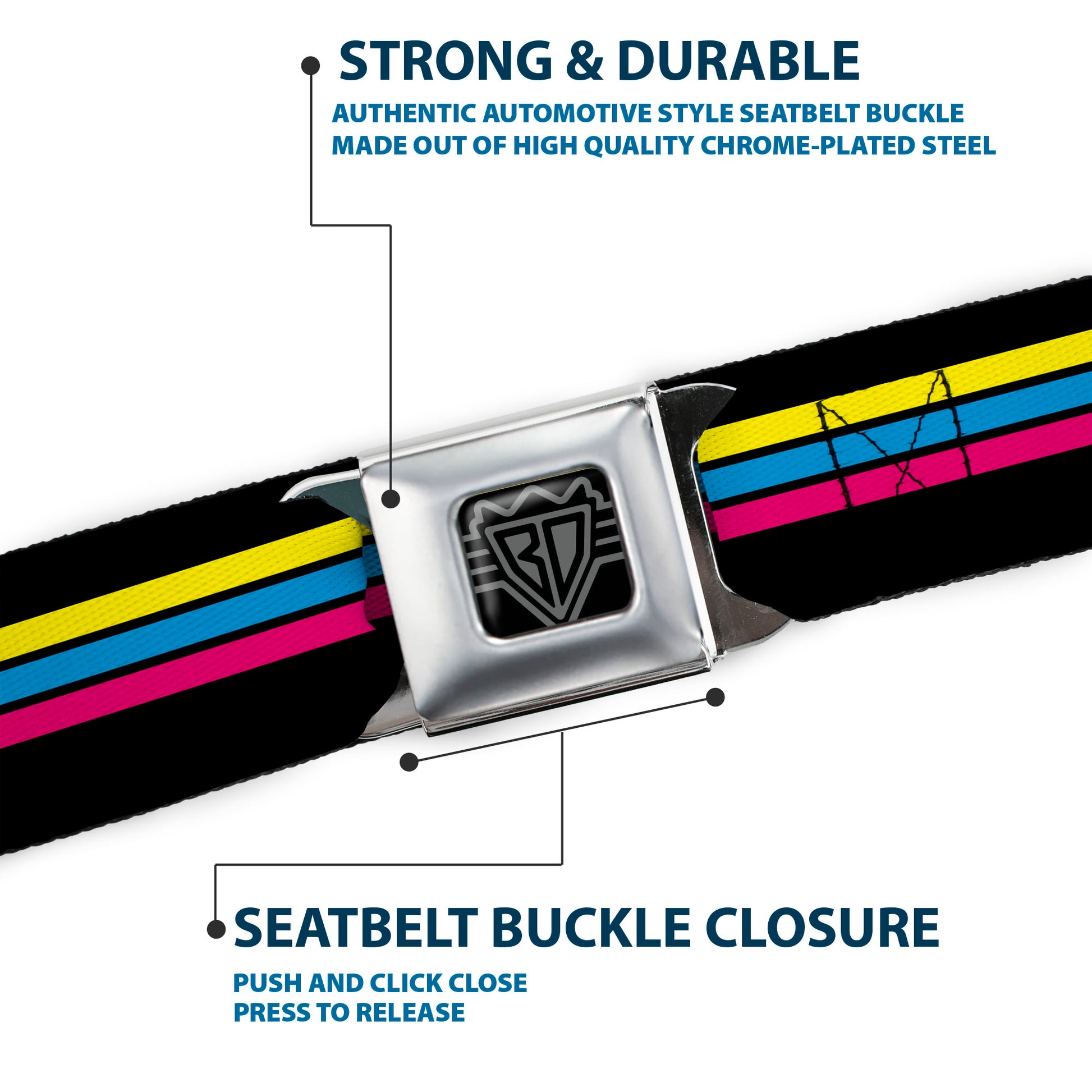 BD Wings Logo CLOSE-UP Full Color Black Silver Seatbelt Belt - Racing Stripes Black/Yellow/Blue/Pink Webbing Seatbelt Belts Buckle-Down