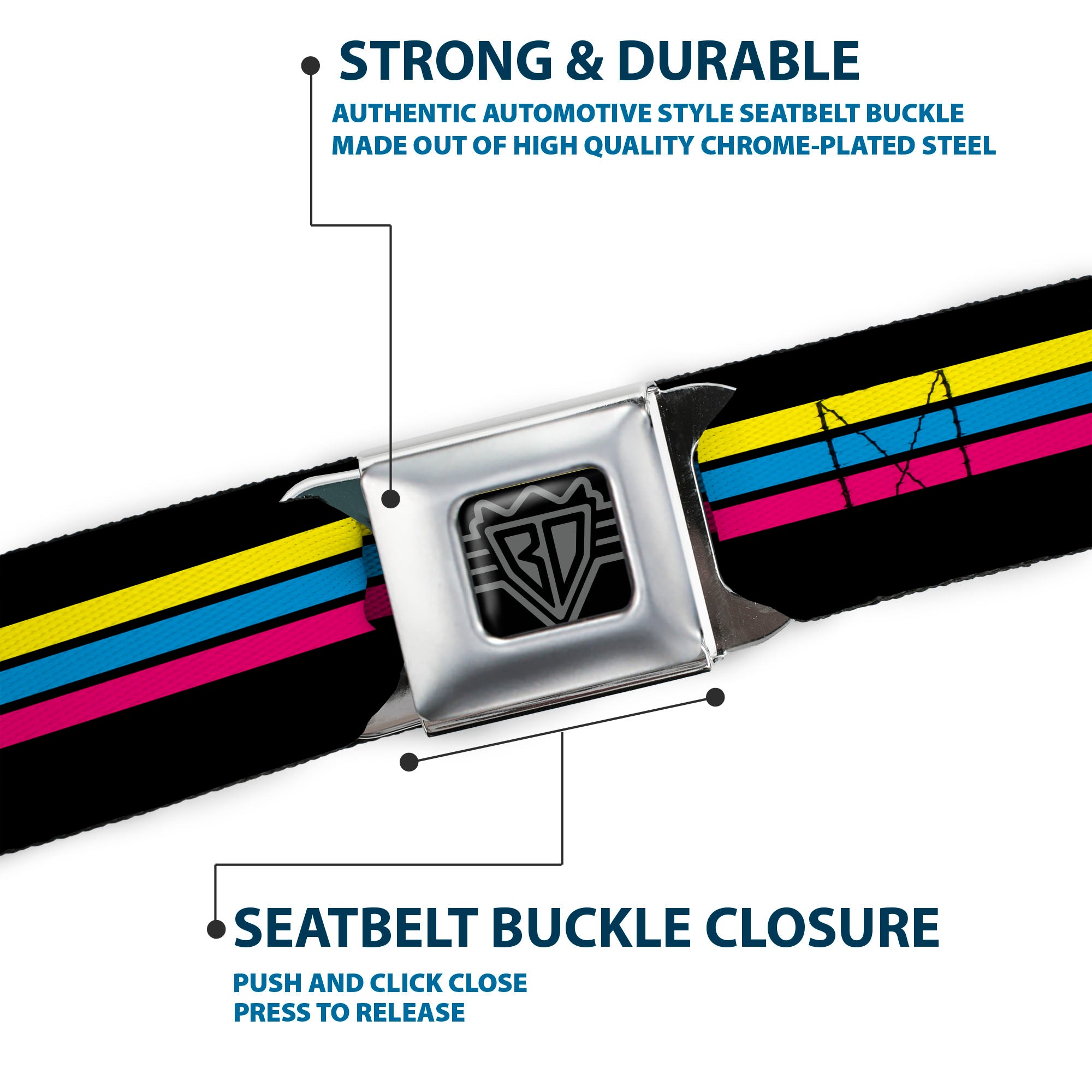BD Wings Logo CLOSE-UP Full Color Black Silver Seatbelt Belt - Racing Stripes Black/Yellow/Blue/Pink Webbing Seatbelt Belts Buckle-Down