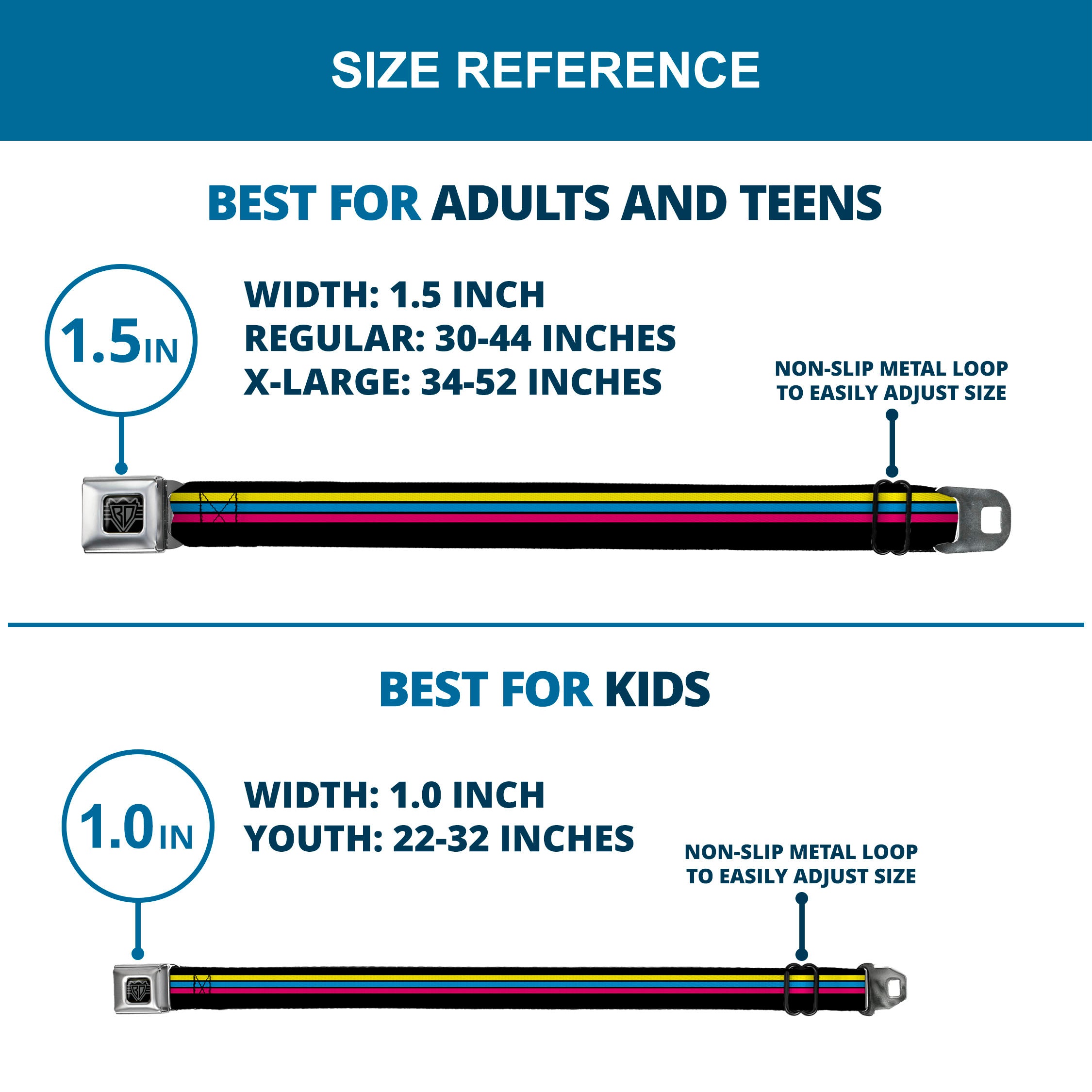 BD Wings Logo CLOSE-UP Full Color Black Silver Seatbelt Belt - Racing Stripes Black/Yellow/Blue/Pink Webbing Seatbelt Belts Buckle-Down