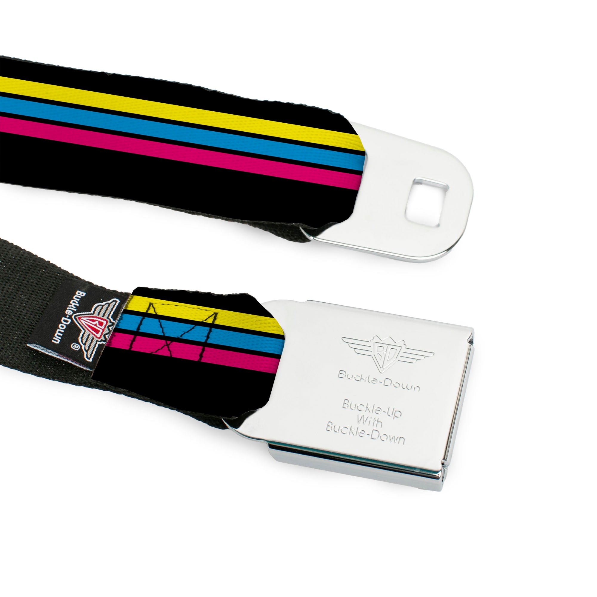 BD Wings Logo CLOSE-UP Full Color Black Silver Seatbelt Belt - Racing Stripes Black/Yellow/Blue/Pink Webbing Seatbelt Belts Buckle-Down