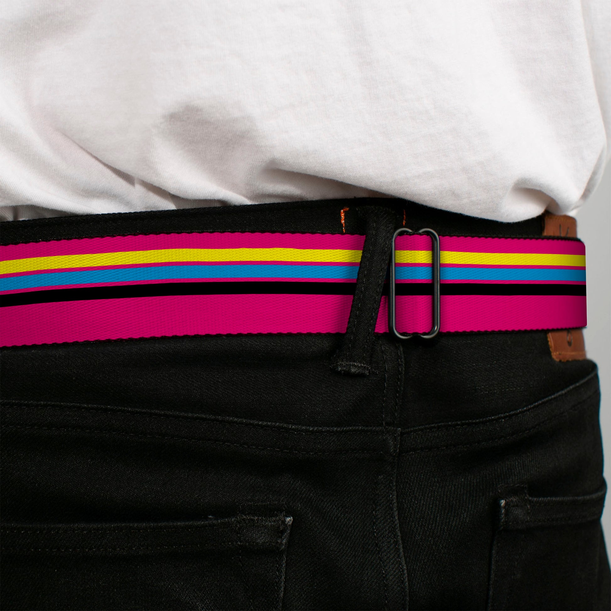 BD Wings Logo CLOSE-UP Full Color Black Silver Seatbelt Belt - Racing Stripes Pink/Yellow/Blue/Black Webbing Seatbelt Belts Buckle-Down