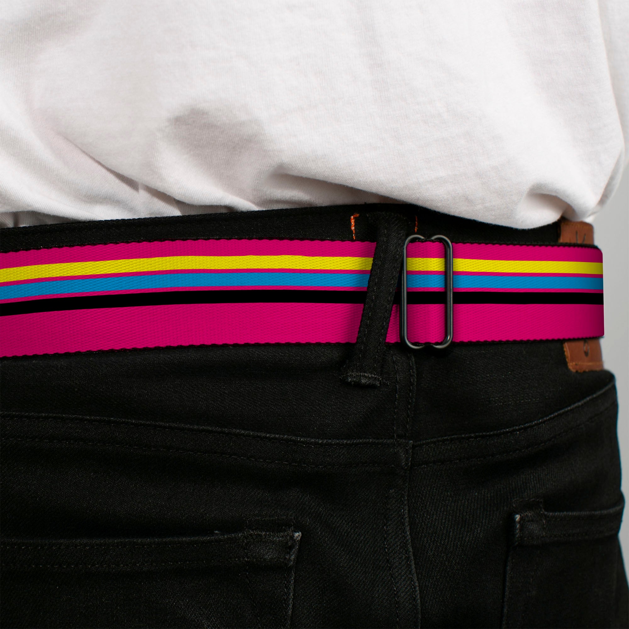 BD Wings Logo CLOSE-UP Full Color Black Silver Seatbelt Belt - Racing Stripes Pink/Yellow/Blue/Black Webbing Seatbelt Belts Buckle-Down