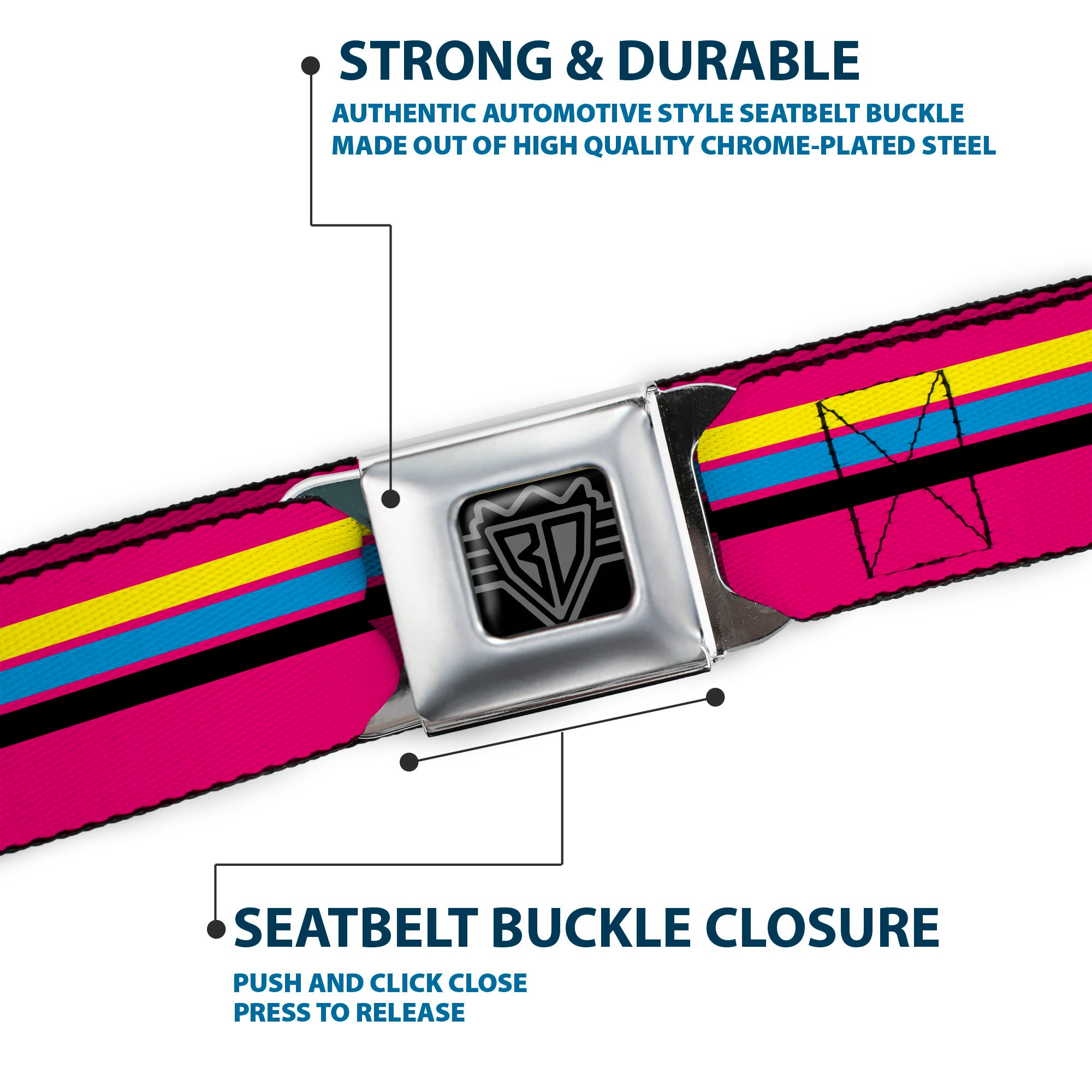 BD Wings Logo CLOSE-UP Full Color Black Silver Seatbelt Belt - Racing Stripes Pink/Yellow/Blue/Black Webbing Seatbelt Belts Buckle-Down