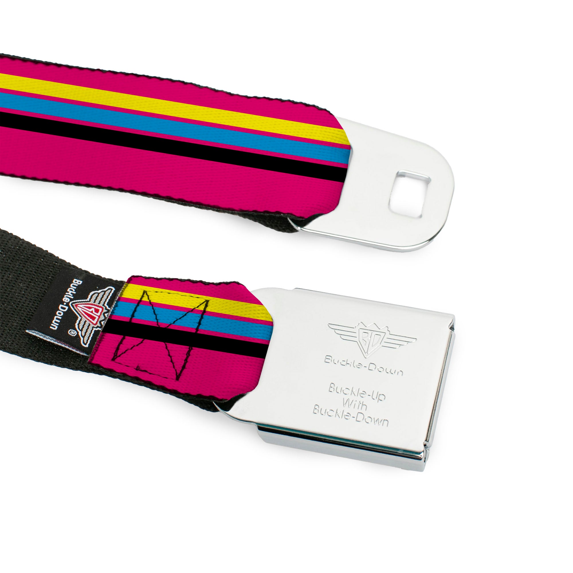 BD Wings Logo CLOSE-UP Full Color Black Silver Seatbelt Belt - Racing Stripes Pink/Yellow/Blue/Black Webbing Seatbelt Belts Buckle-Down