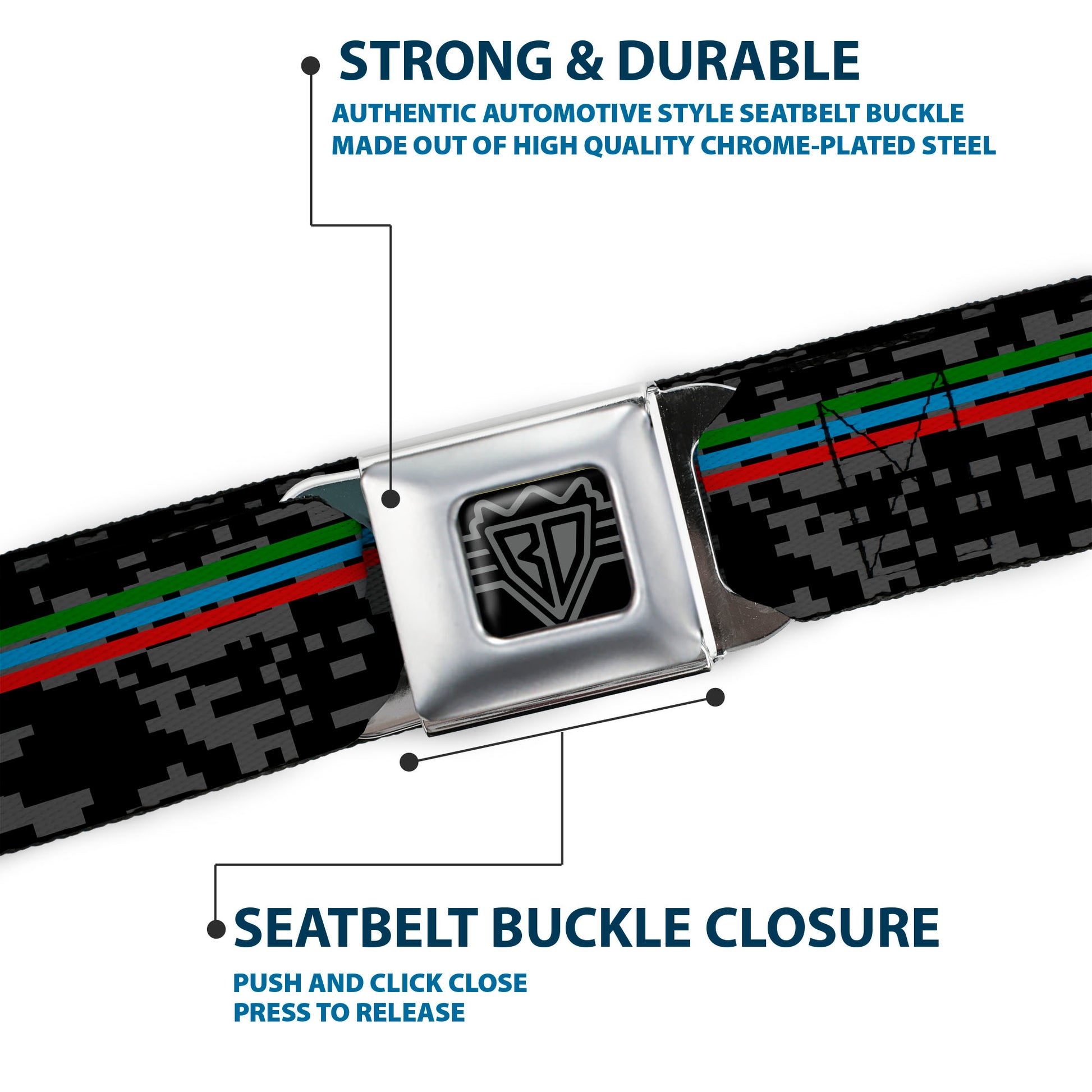 BD Wings Logo CLOSE-UP Full Color Black Silver Seatbelt Belt - Racing Stripes/Digital Camo Black/Gray/Green/Blue/Red Webbing Seatbelt Belts Buckle-Down