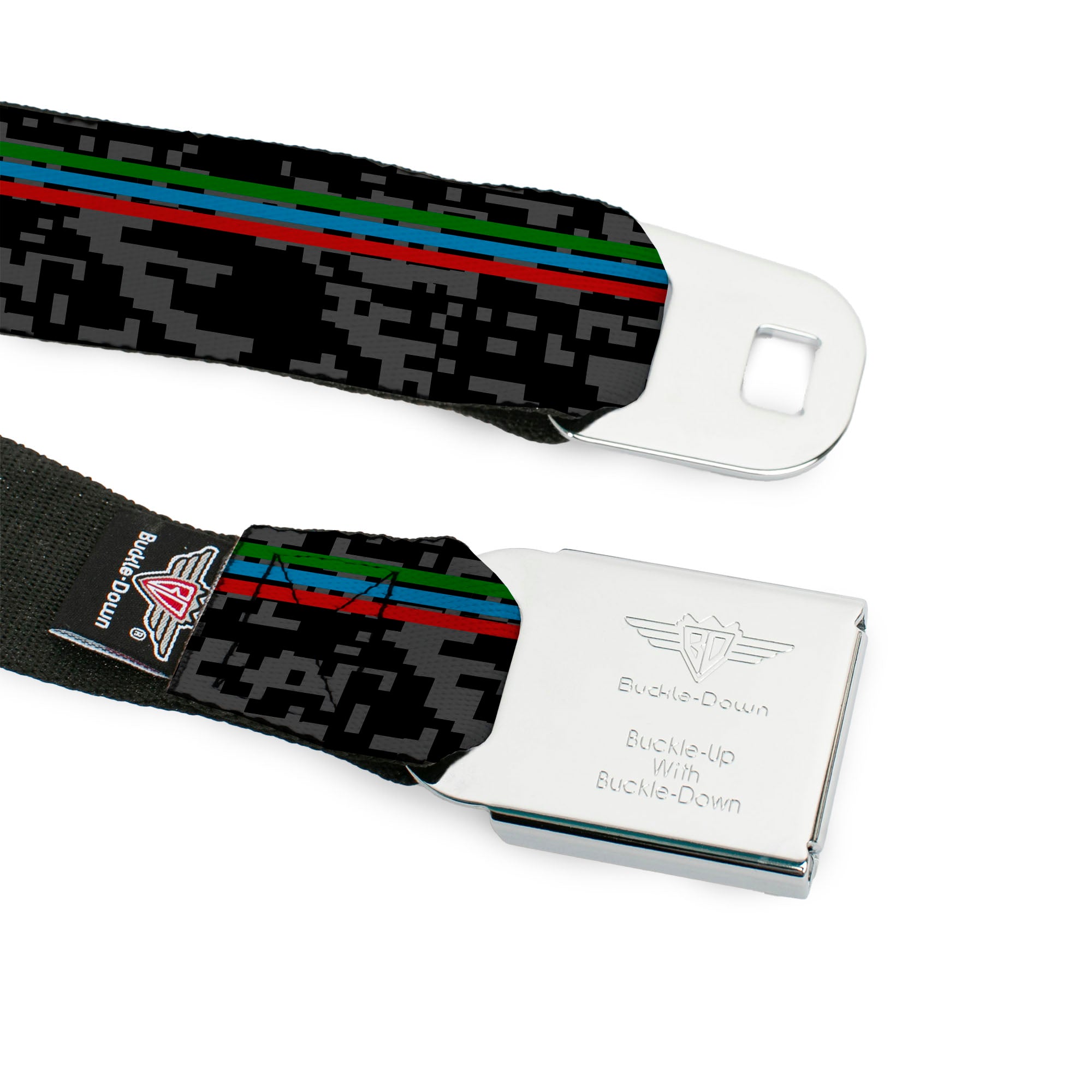BD Wings Logo CLOSE-UP Full Color Black Silver Seatbelt Belt - Racing Stripes/Digital Camo Black/Gray/Green/Blue/Red Webbing Seatbelt Belts Buckle-Down
