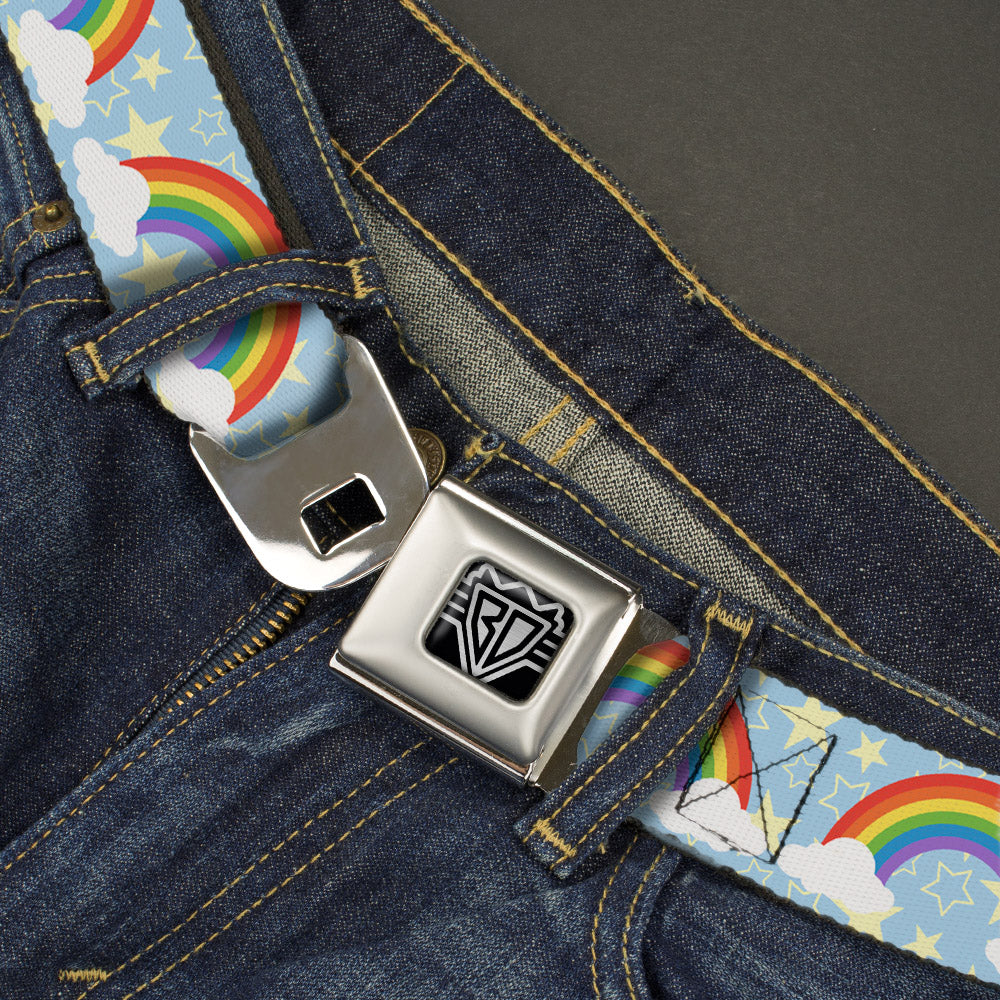 BD Wings Logo CLOSE-UP Full Color Black Silver Seatbelt Belt - Rainbows & Stars Light Blue/Yellow/Rainbow Webbing Seatbelt Belts Buckle-Down