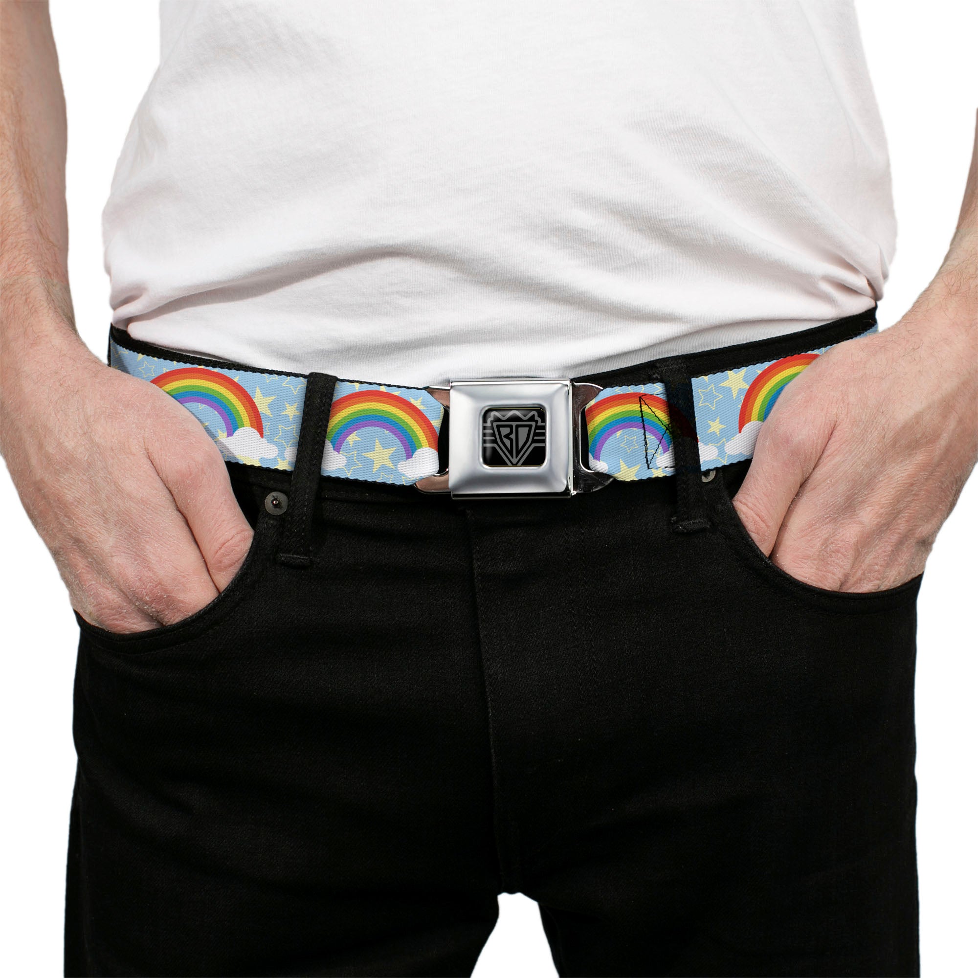 BD Wings Logo CLOSE-UP Full Color Black Silver Seatbelt Belt - Rainbows & Stars Light Blue/Yellow/Rainbow Webbing Seatbelt Belts Buckle-Down