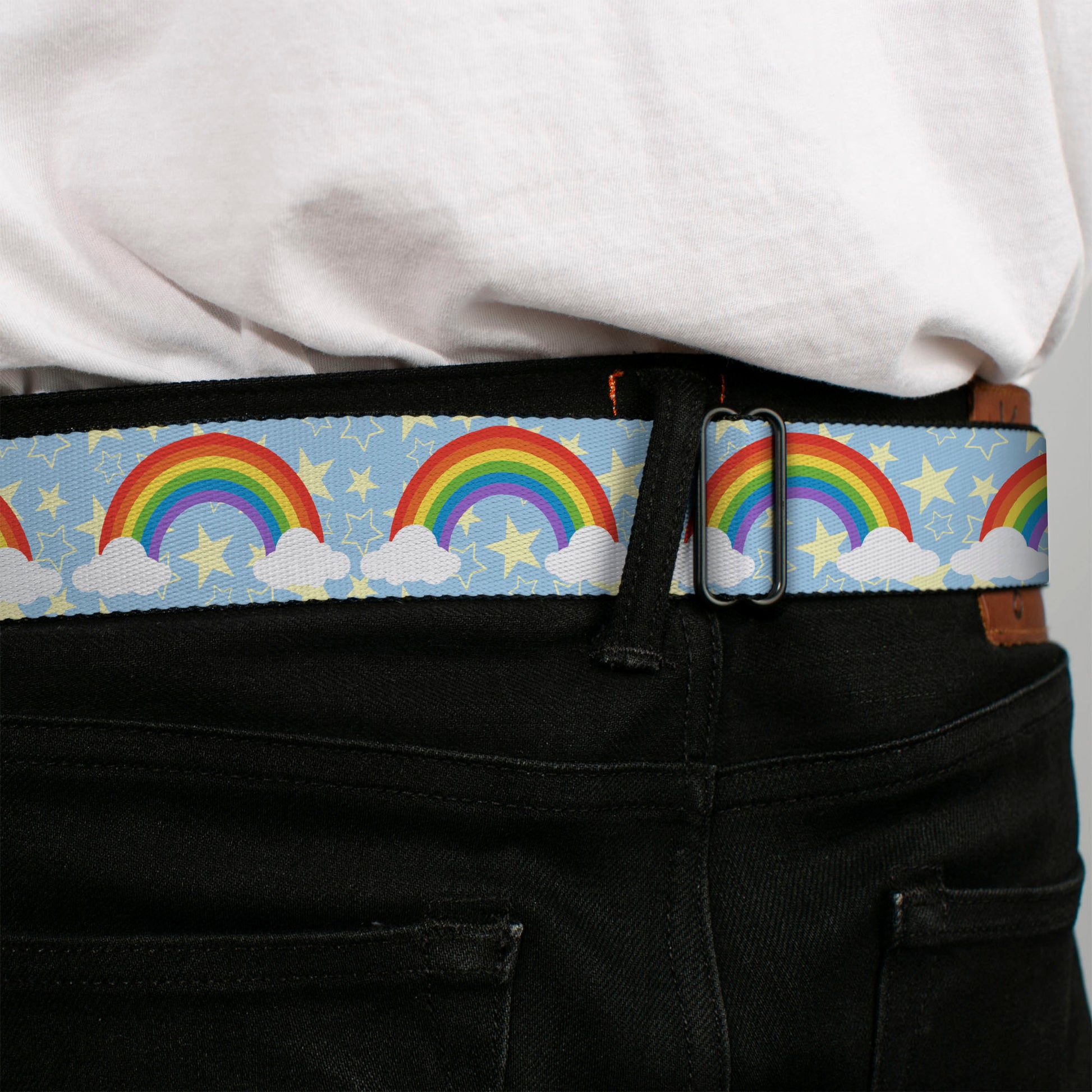 BD Wings Logo CLOSE-UP Full Color Black Silver Seatbelt Belt - Rainbows & Stars Light Blue/Yellow/Rainbow Webbing Seatbelt Belts Buckle-Down