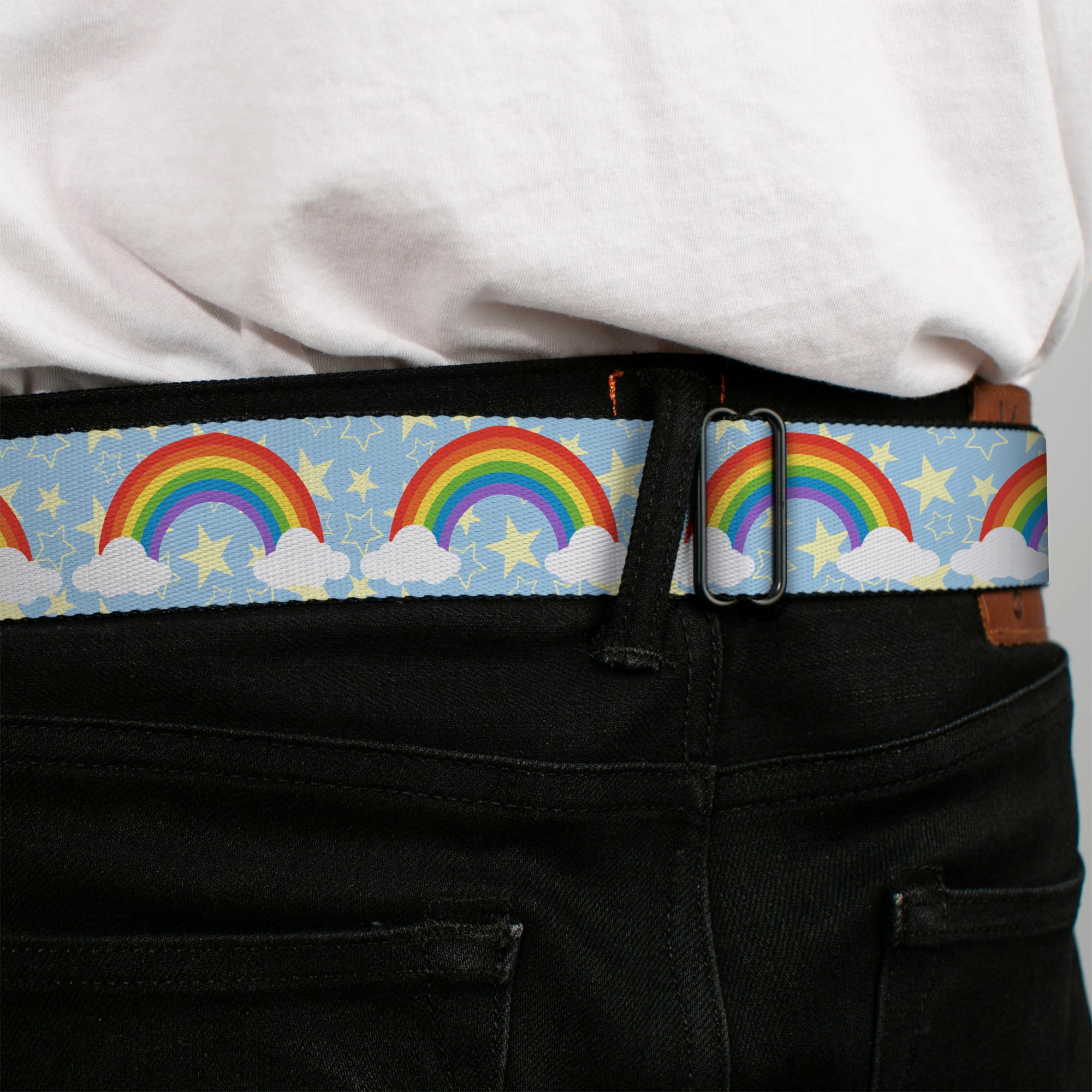 BD Wings Logo CLOSE-UP Full Color Black Silver Seatbelt Belt - Rainbows & Stars Light Blue/Yellow/Rainbow Webbing Seatbelt Belts Buckle-Down